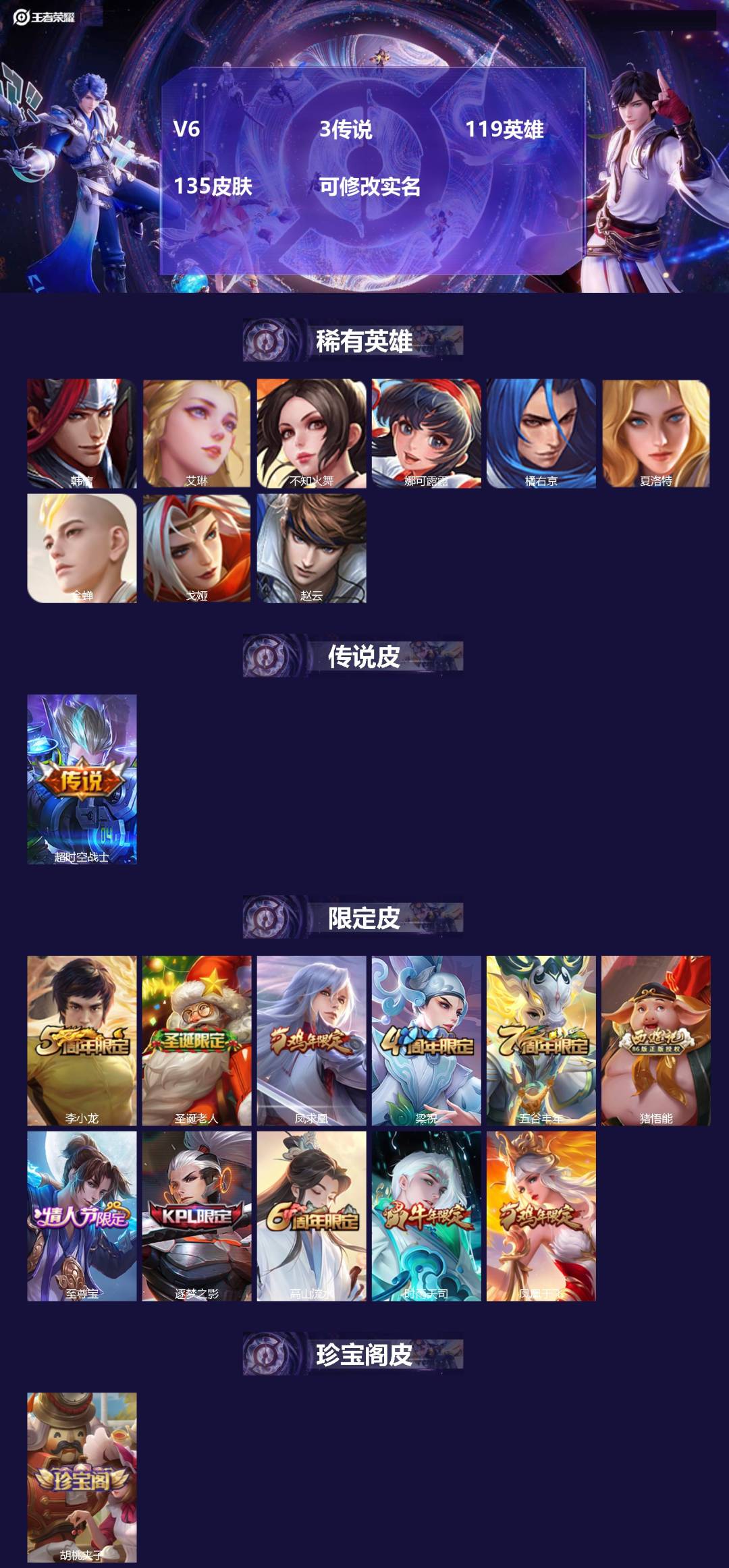 王者荣耀账号安卓QQV6 3传说 119英雄 135皮肤 可修改实名 
【稀有英雄】:韩信(韩跳跳),夏洛特(夏师傅),