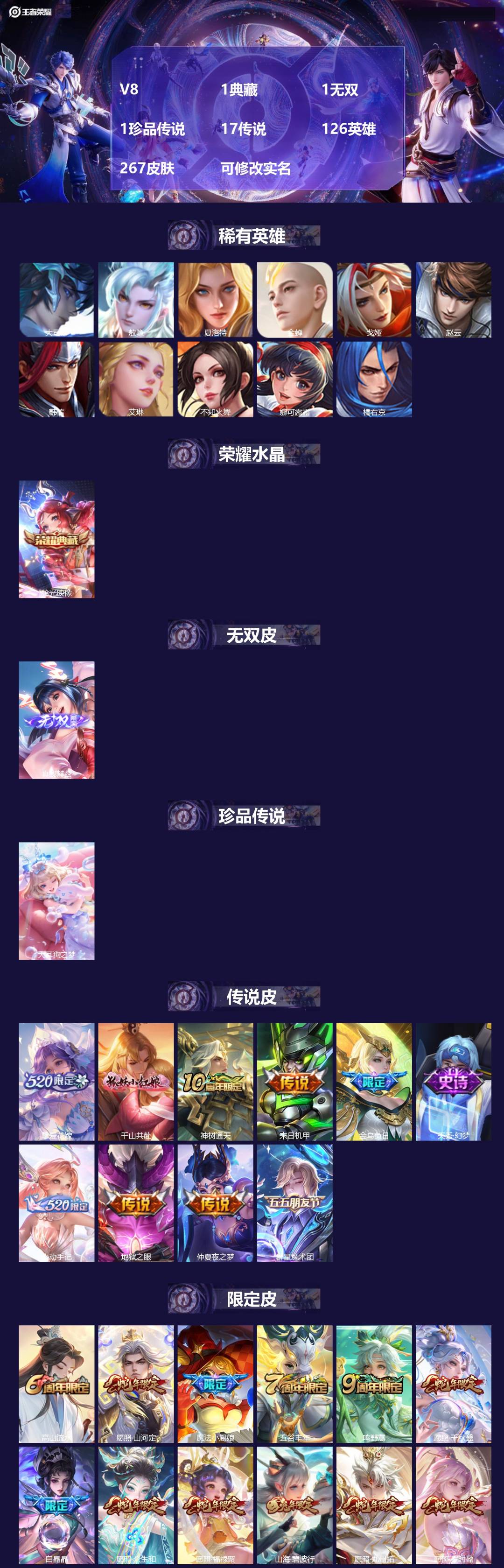 王者荣耀账号安卓QQV8 1典藏 1无双 1珍品传说 17传说 126英雄 267皮肤 可修改实名 
【英雄全皮】:朵莉