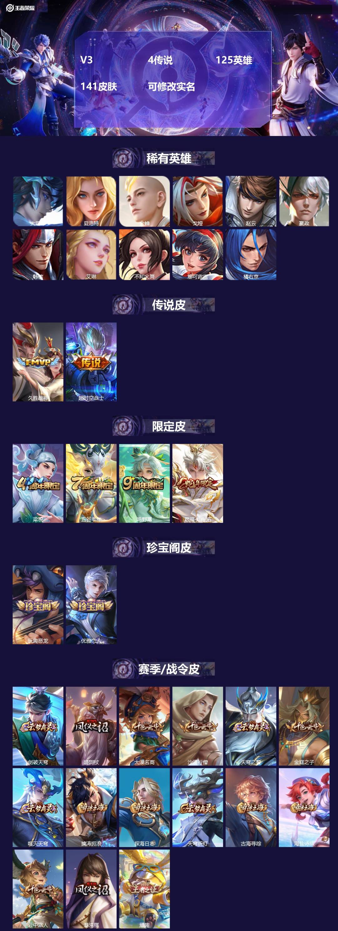 王者荣耀账号安卓QQ125英雄-141皮肤-[]V3 4传说 125英雄 141皮肤 可修改实名 
【稀有英雄】:大司命