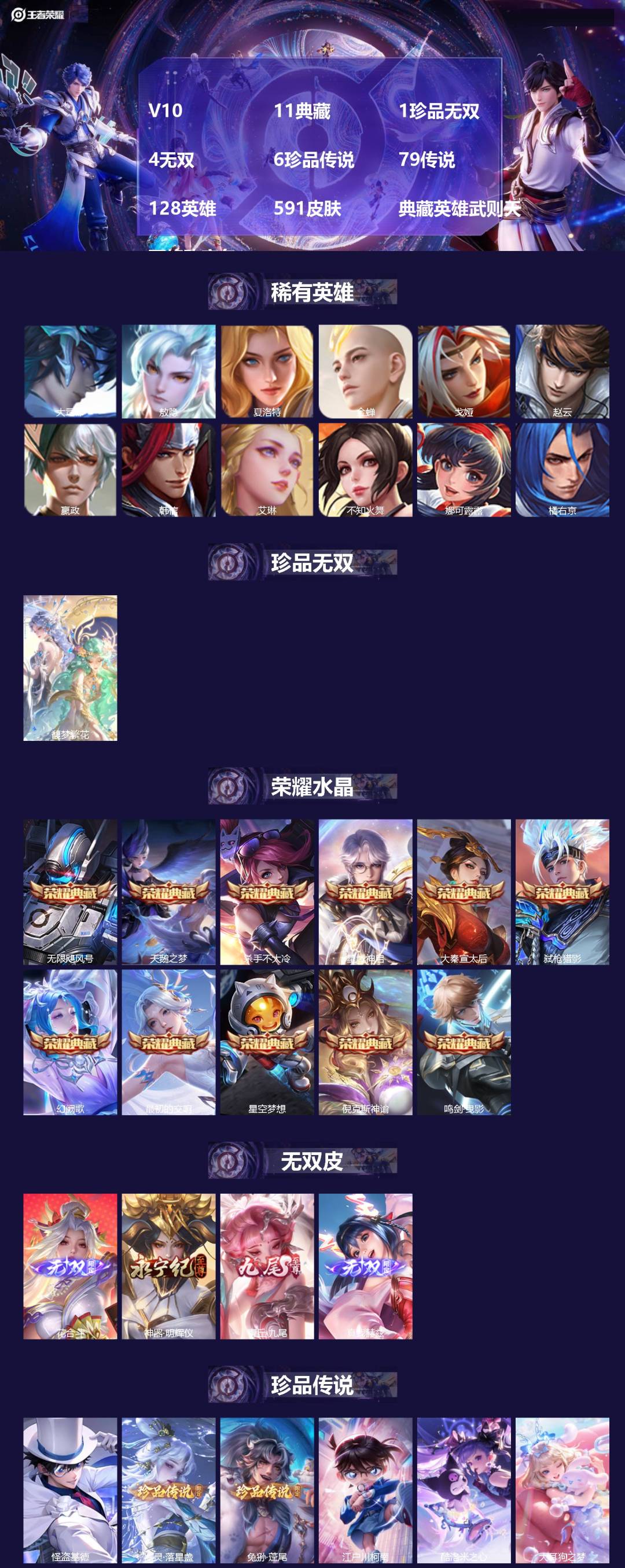 王者荣耀账号苹果VXV10 11典藏 1珍品无双 4无双 6珍品传说 79传说 128英雄 591皮肤 典藏英雄武则天 