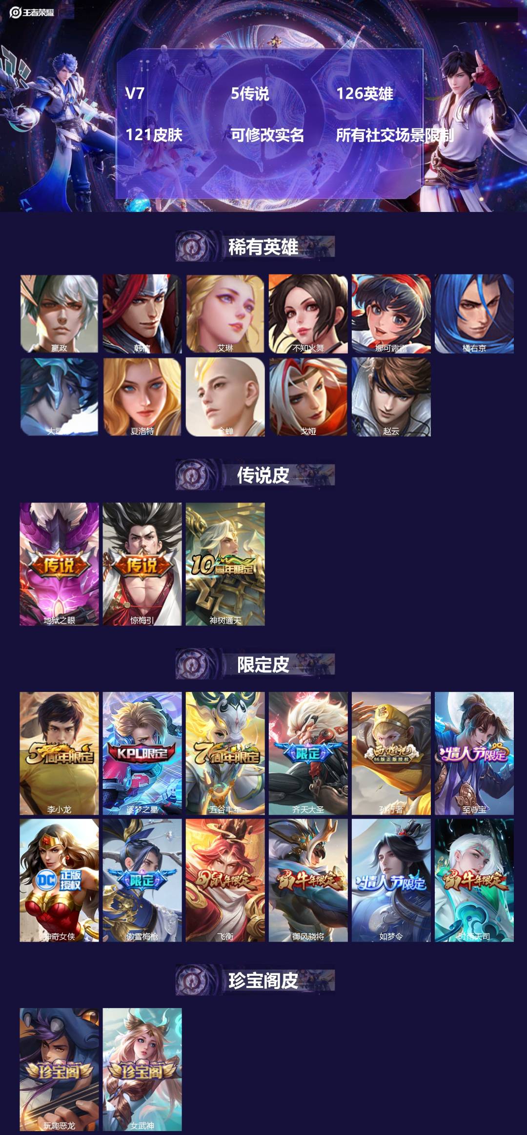 王者荣耀账号苹果VX[14356809]V7 5传说 126英雄 121皮肤 可修改实名 所有社交场景限制
【稀有英雄】