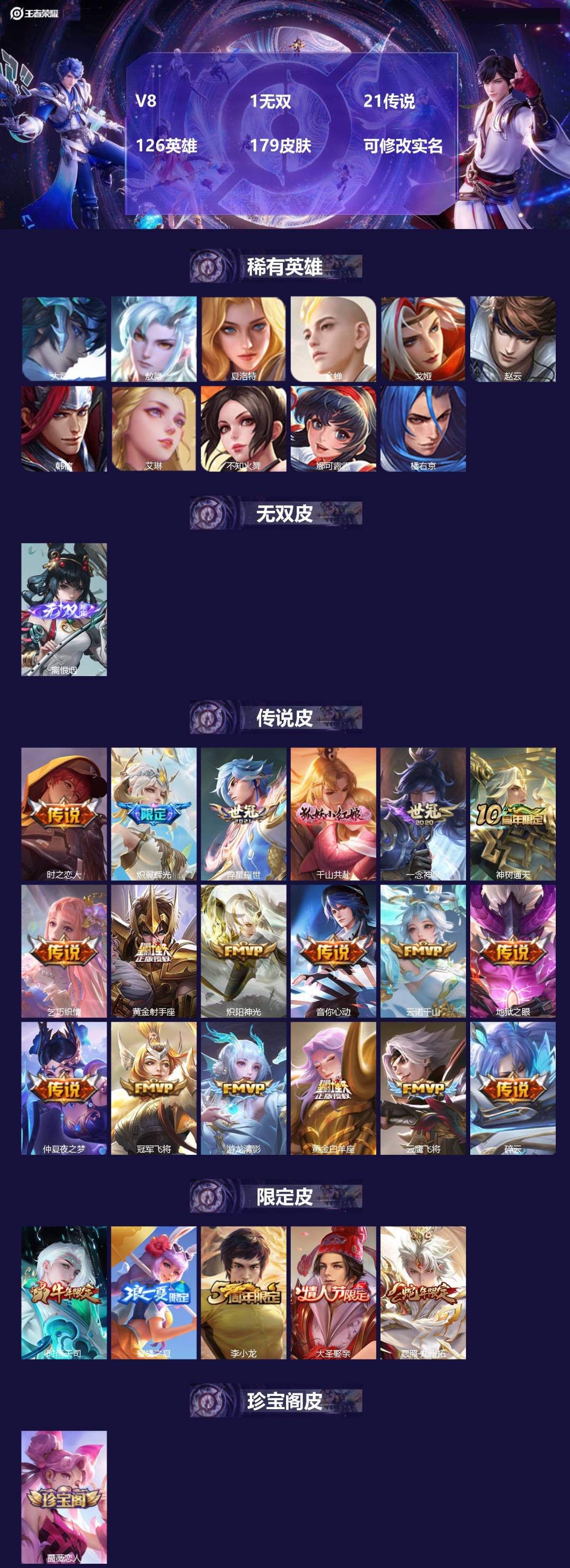 王者荣耀账号安卓QQV8 1无双 21传说 126英雄 179皮肤 可修改实名 
【英雄全皮】:敖隐全皮,孙权全皮
【稀