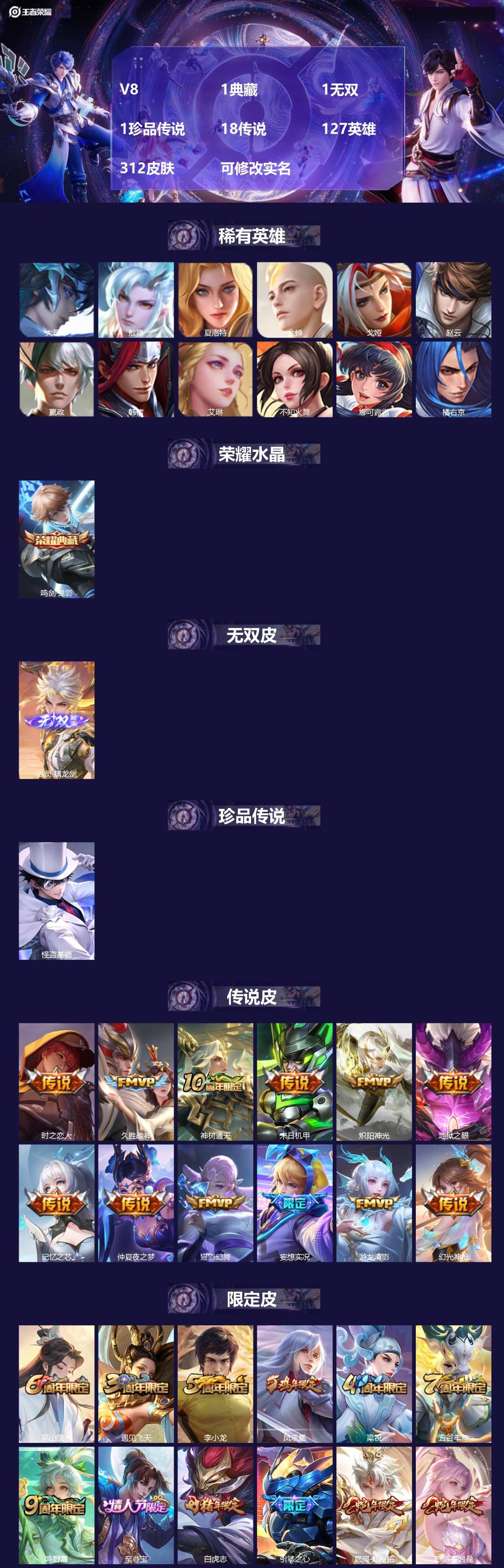 王者荣耀账号安卓QQ[14362764]V8 1典藏 1无双 1珍品传说 18传说 127英雄 312皮肤 可修改实名 