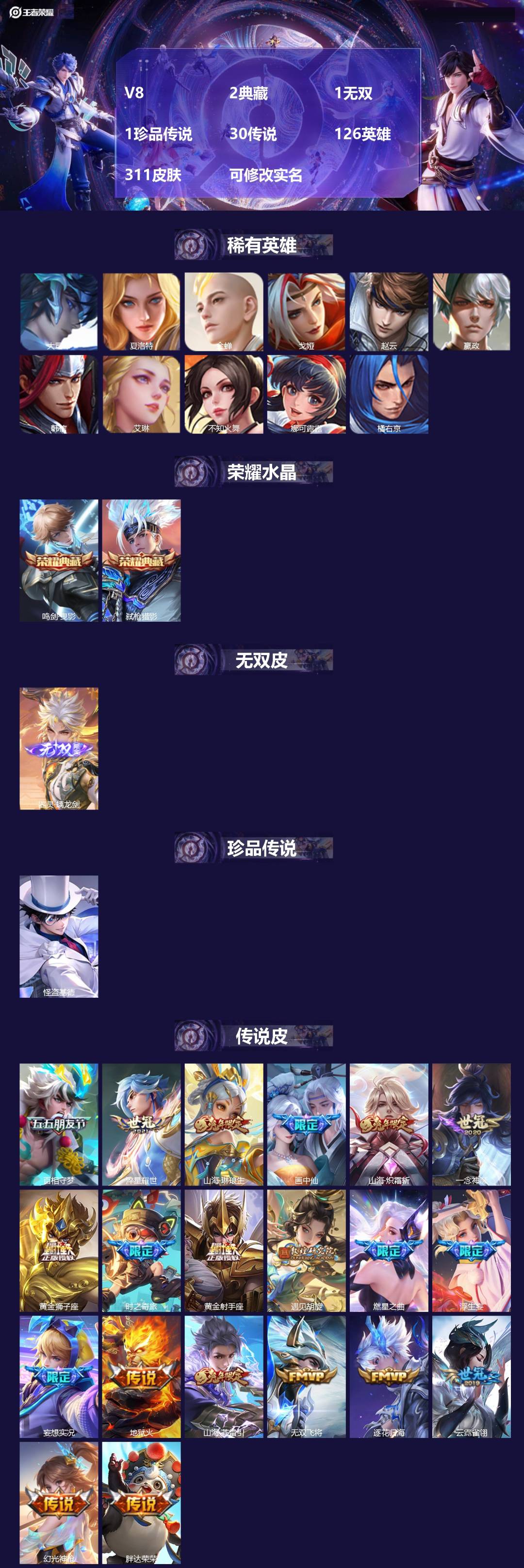 王者荣耀账号苹果QQV8 2典藏 1无双 1珍品传说 30传说 126英雄 311皮肤 可修改实名 
【英雄全皮】:李信