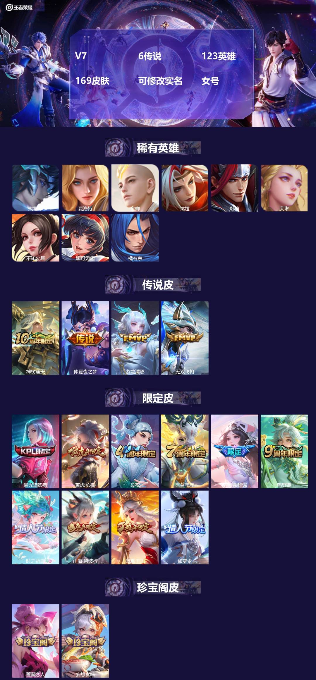 王者荣耀账号安卓QQV7 6传说 123英雄 169皮肤 可修改实名 女号
【稀有英雄】:大司命,韩信(韩跳跳),夏洛特