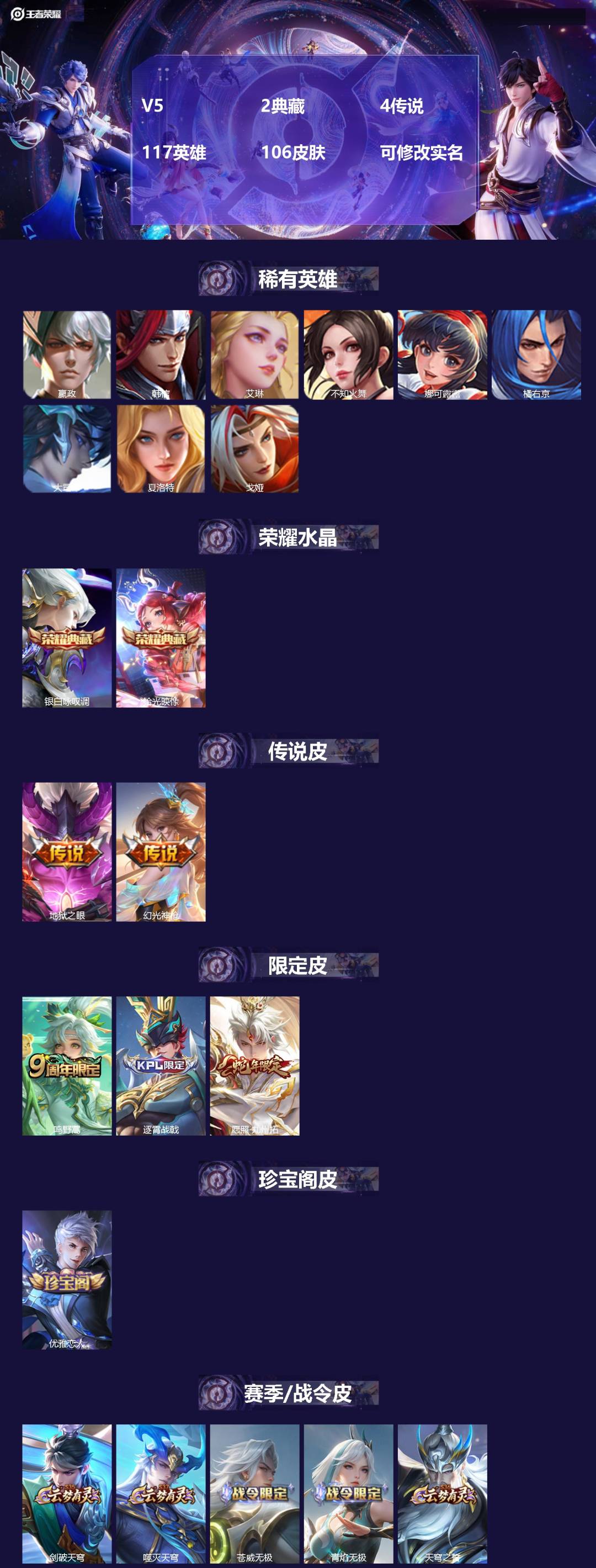 王者荣耀账号安卓QQ117英雄-106皮肤-V5 2典藏 4传说 117英雄 106皮肤 可修改实名 
【稀有英雄】:大