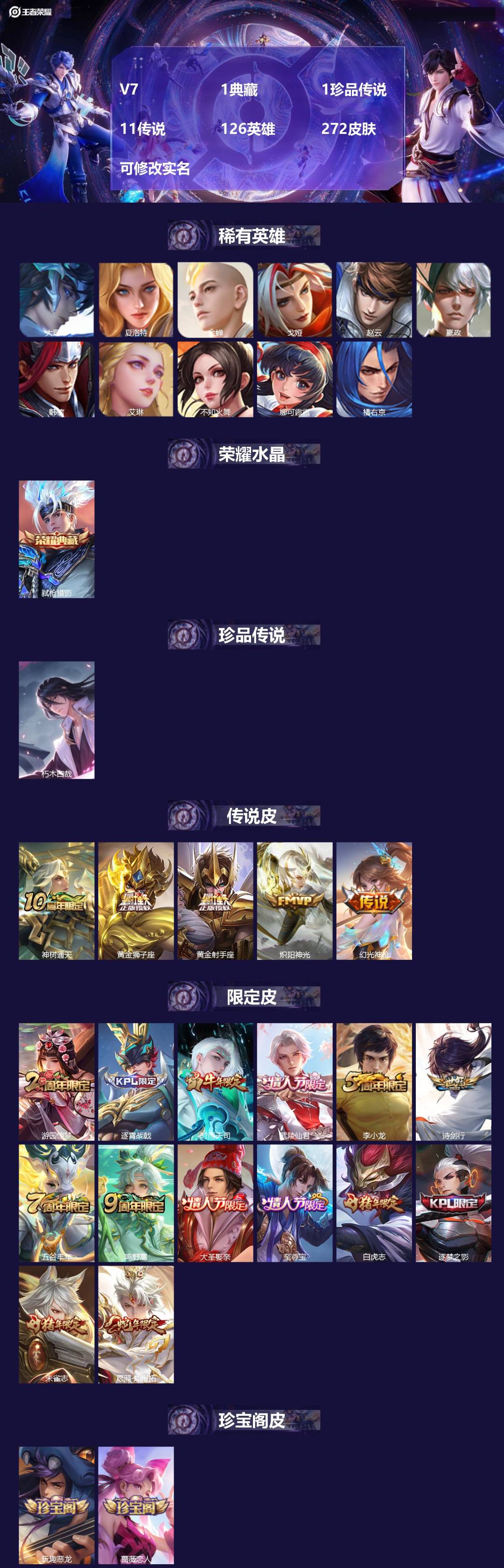 王者荣耀账号苹果QQ[14393898]V7 1典藏 1珍品传说 11传说 126英雄 272皮肤 可修改实名 
【英雄