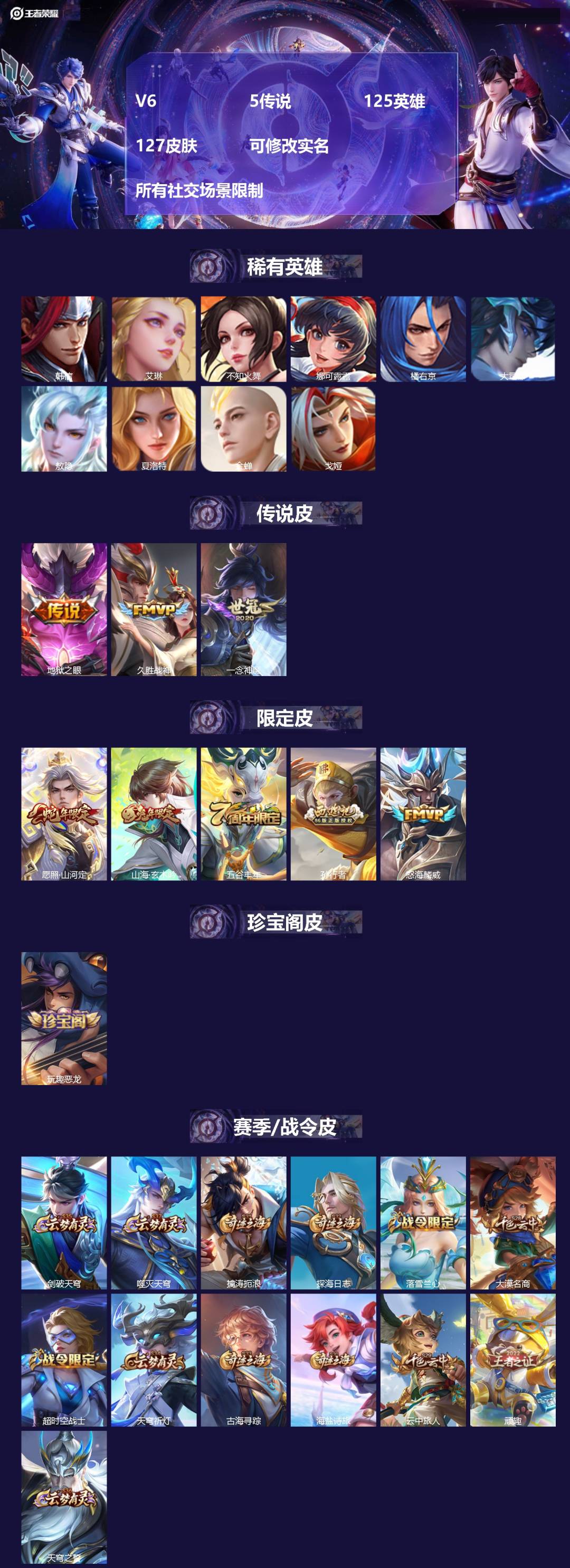 王者荣耀账号安卓VX[14400194]V6 5传说 125英雄 127皮肤 可修改实名  所有社交场景限制
【稀有英雄