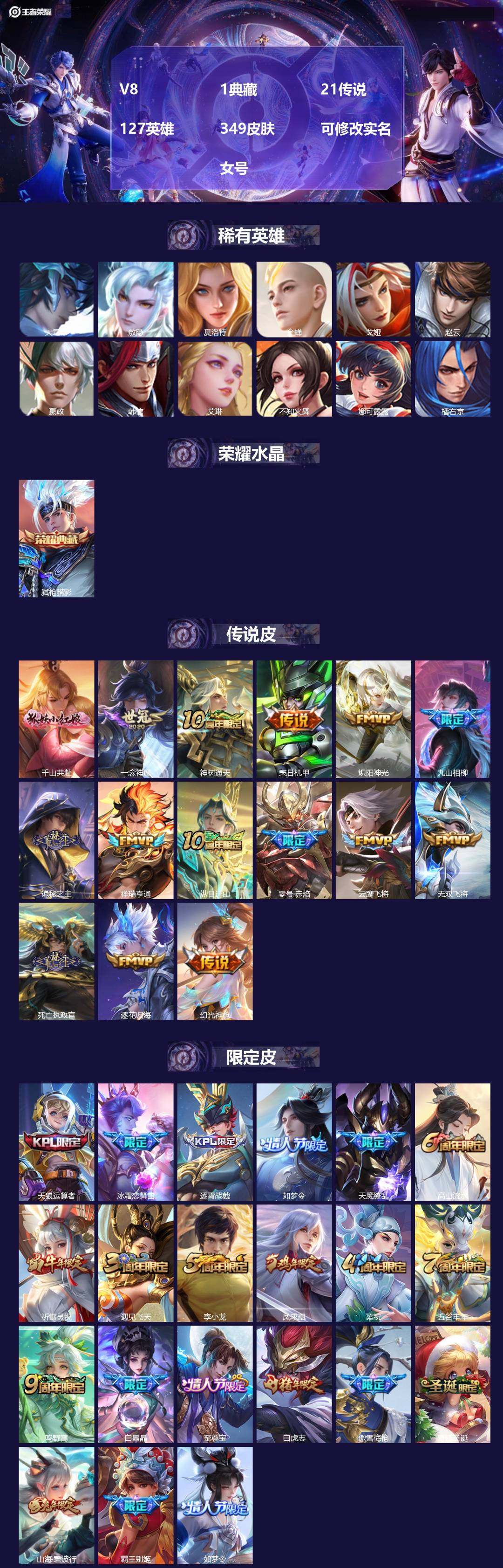 王者荣耀账号苹果QQ[14405857]V8 1典藏 21传说 127英雄 349皮肤 可修改实名  女号
【英雄全皮】