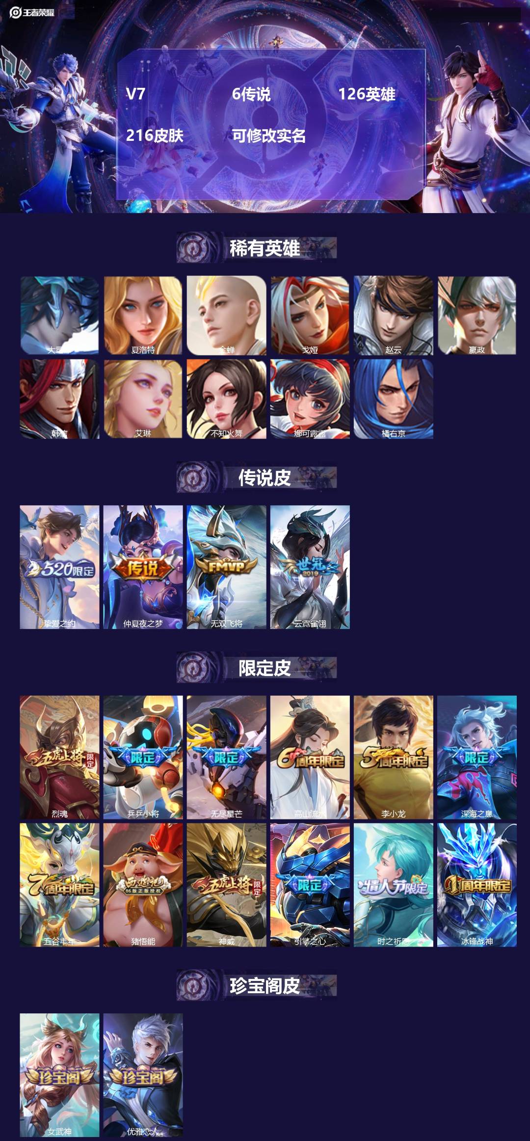 王者荣耀账号安卓QQ[14423091]V7 6传说 126英雄 216皮肤 可修改实名 
【英雄全皮】:蒙恬全皮
【稀