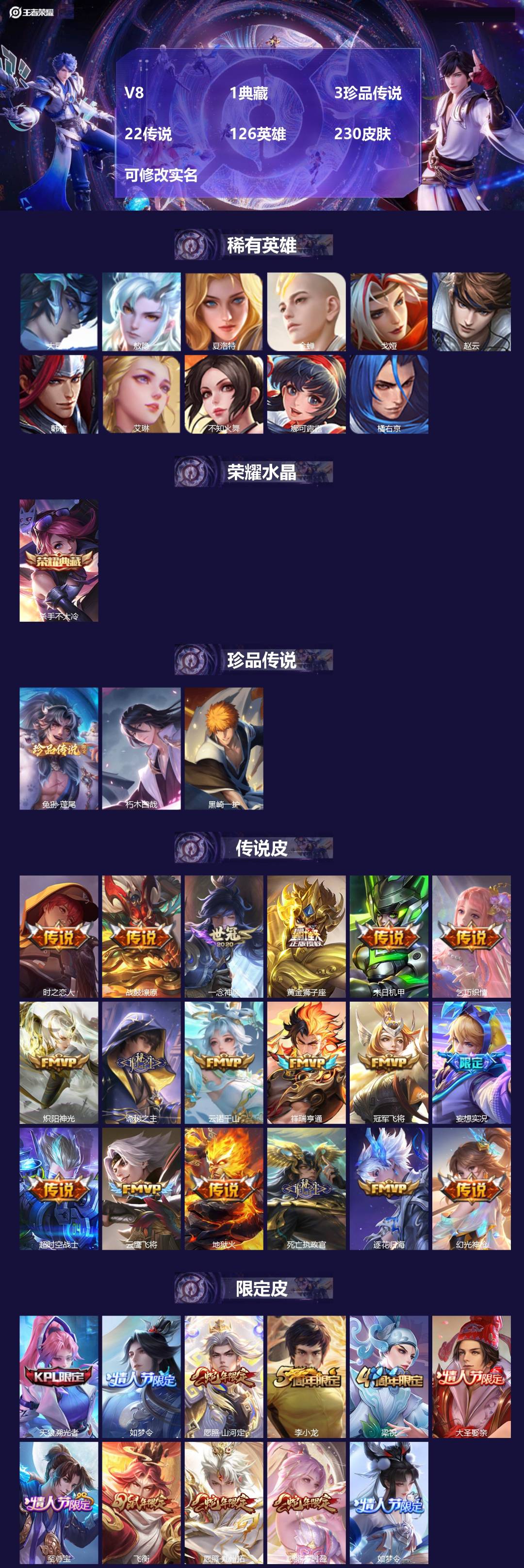 王者荣耀账号安卓QQ126英雄-230皮肤-[]V8 1典藏 3珍品传说 22传说 126英雄 230皮肤 可修改实名 