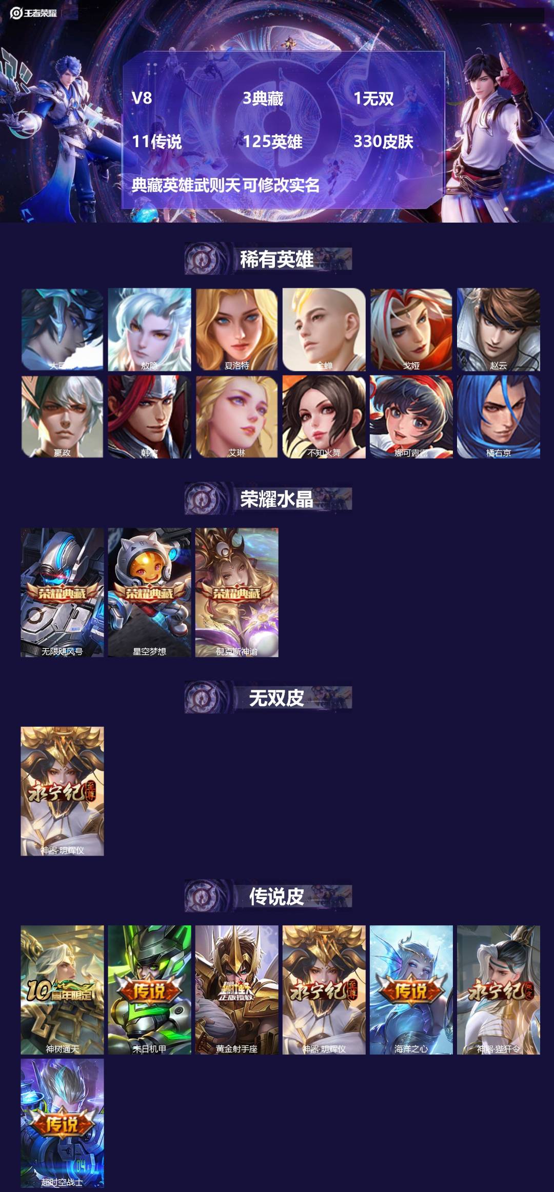 王者荣耀账号安卓QQ[14432496]V8 3典藏 1无双 11传说 125英雄 330皮肤 典藏英雄武则天 可修改实