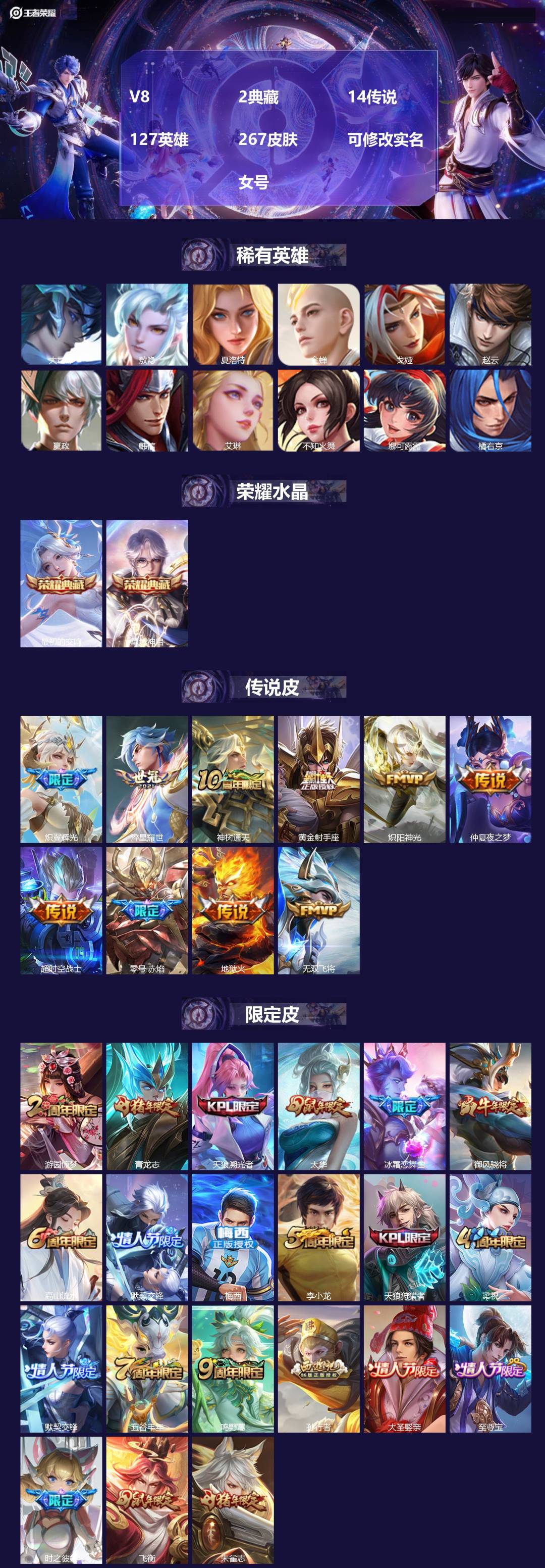 王者荣耀账号苹果QQ[14456564]V8 2典藏 14传说 127英雄 267皮肤 可修改实名  女号
【英雄全皮】