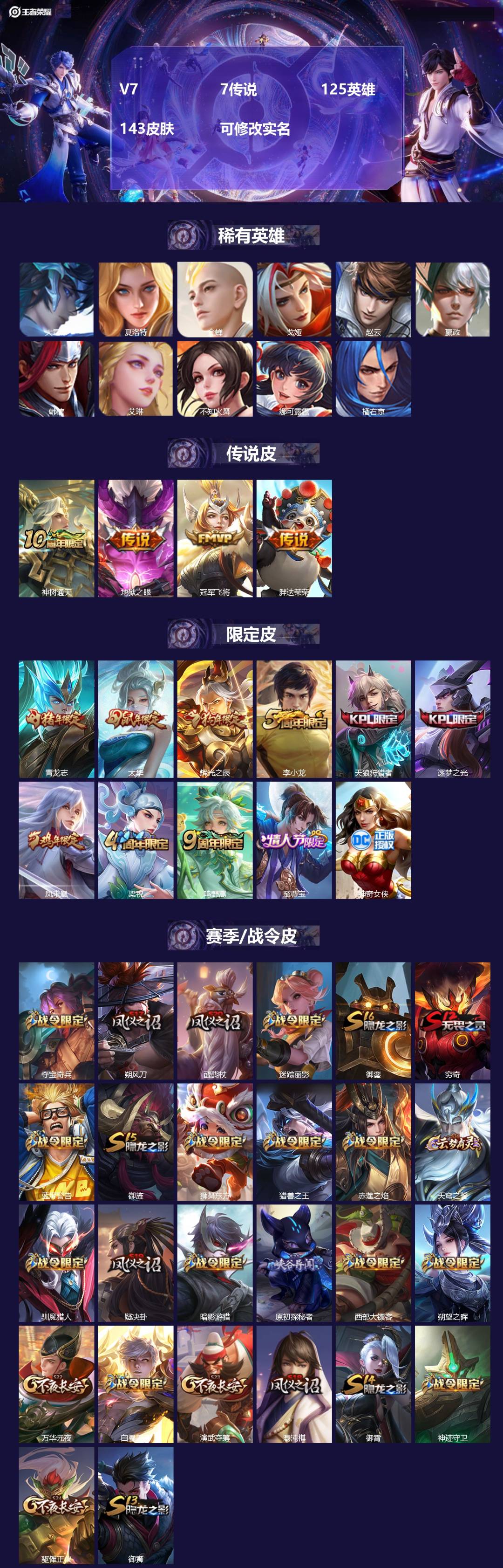 王者荣耀账号安卓QQ[14456825]V7 7传说 125英雄 143皮肤 可修改实名 
【稀有英雄】:大司命,嬴政(