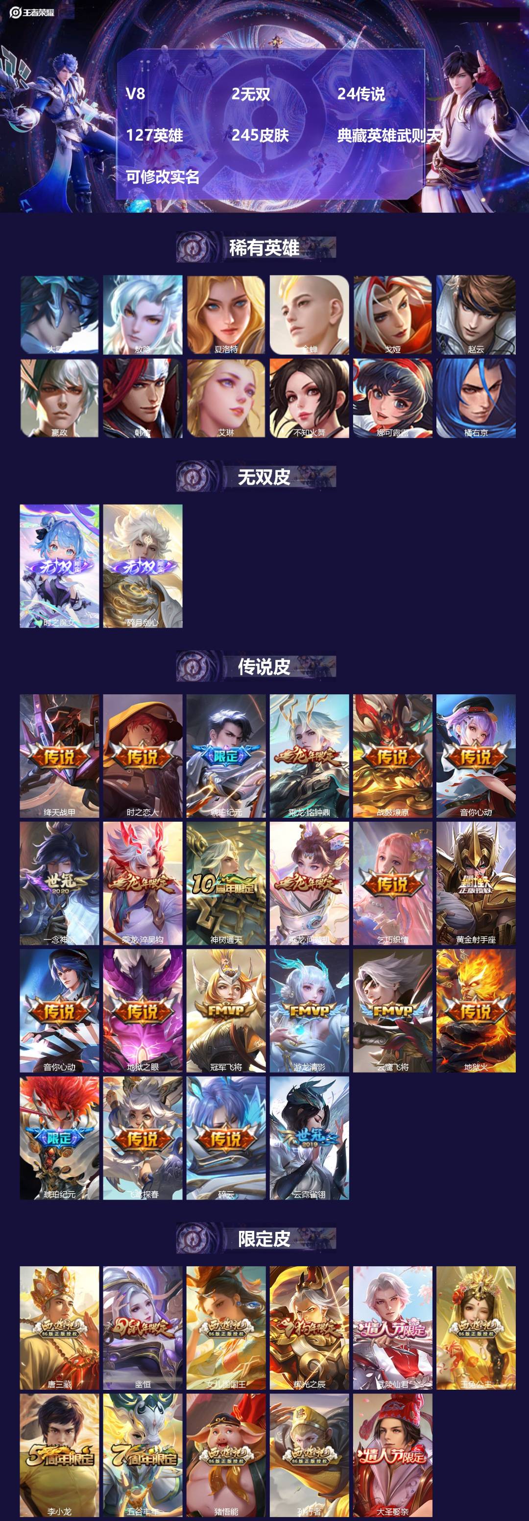 王者荣耀账号苹果QQ[14462745]V8 2无双 24传说 127英雄 245皮肤 典藏英雄武则天 可修改实名 
【