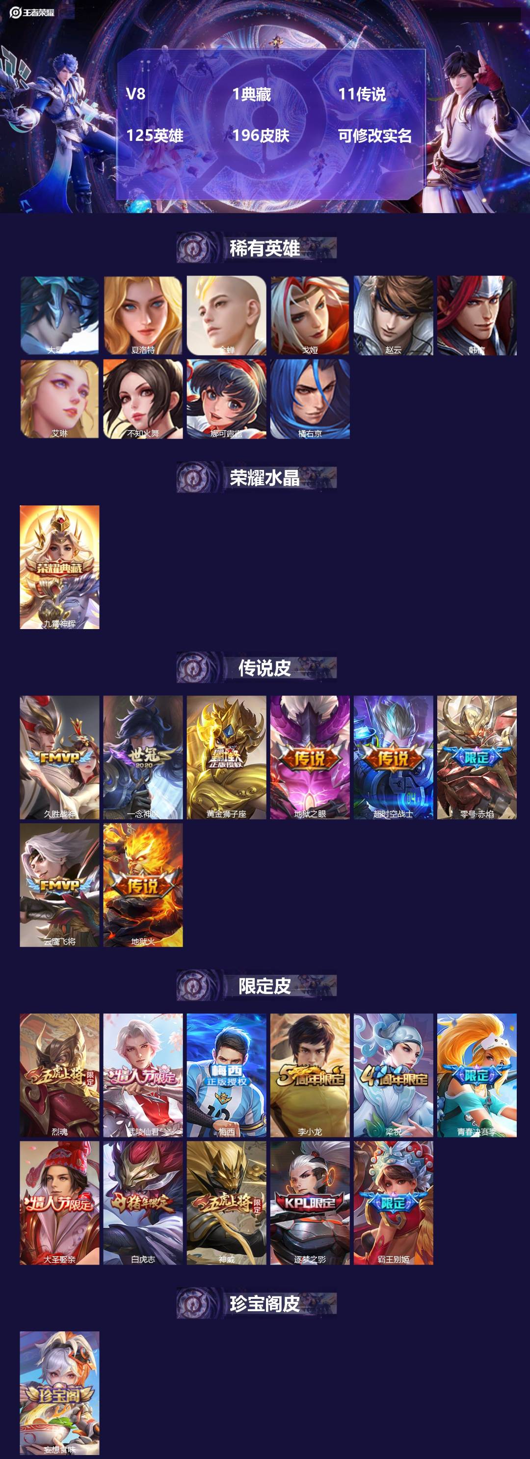 王者荣耀账号安卓QQ125英雄-196皮肤-[]V8 1典藏 11传说 125英雄 196皮肤 可修改实名 
【稀有英雄
