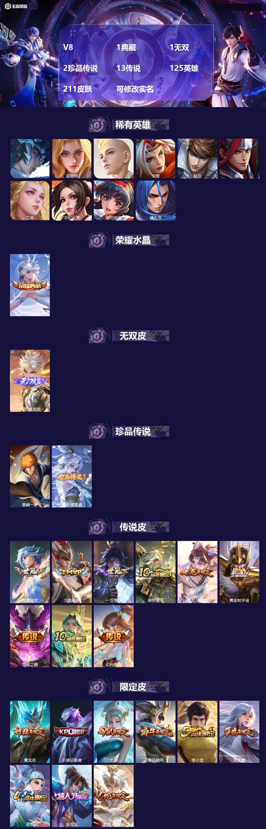 王者荣耀账号安卓QQ125英雄-211皮肤-[]V8 1典藏 1无双 2珍品传说 13传说 125英雄 211皮肤 可修