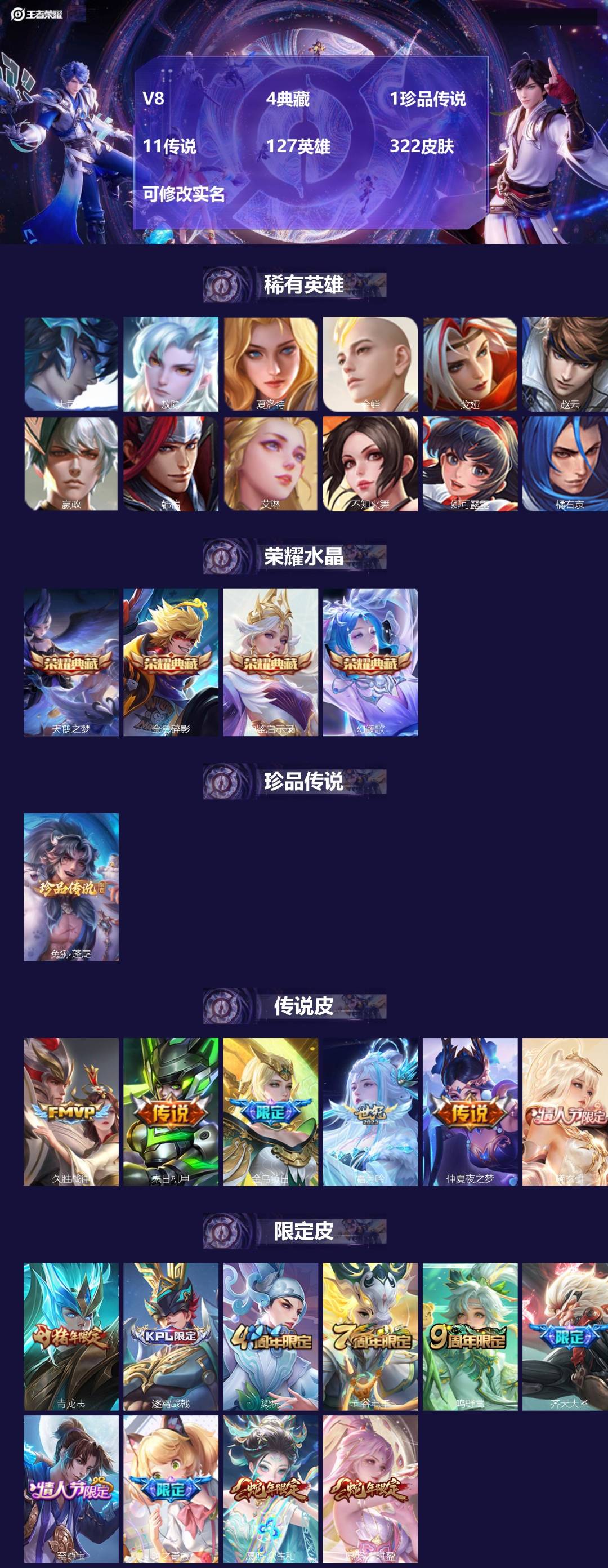 王者荣耀账号安卓QQ127英雄-322皮肤-[]V8 4典藏 1珍品传说 11传说 127英雄 322皮肤 可修改实名 