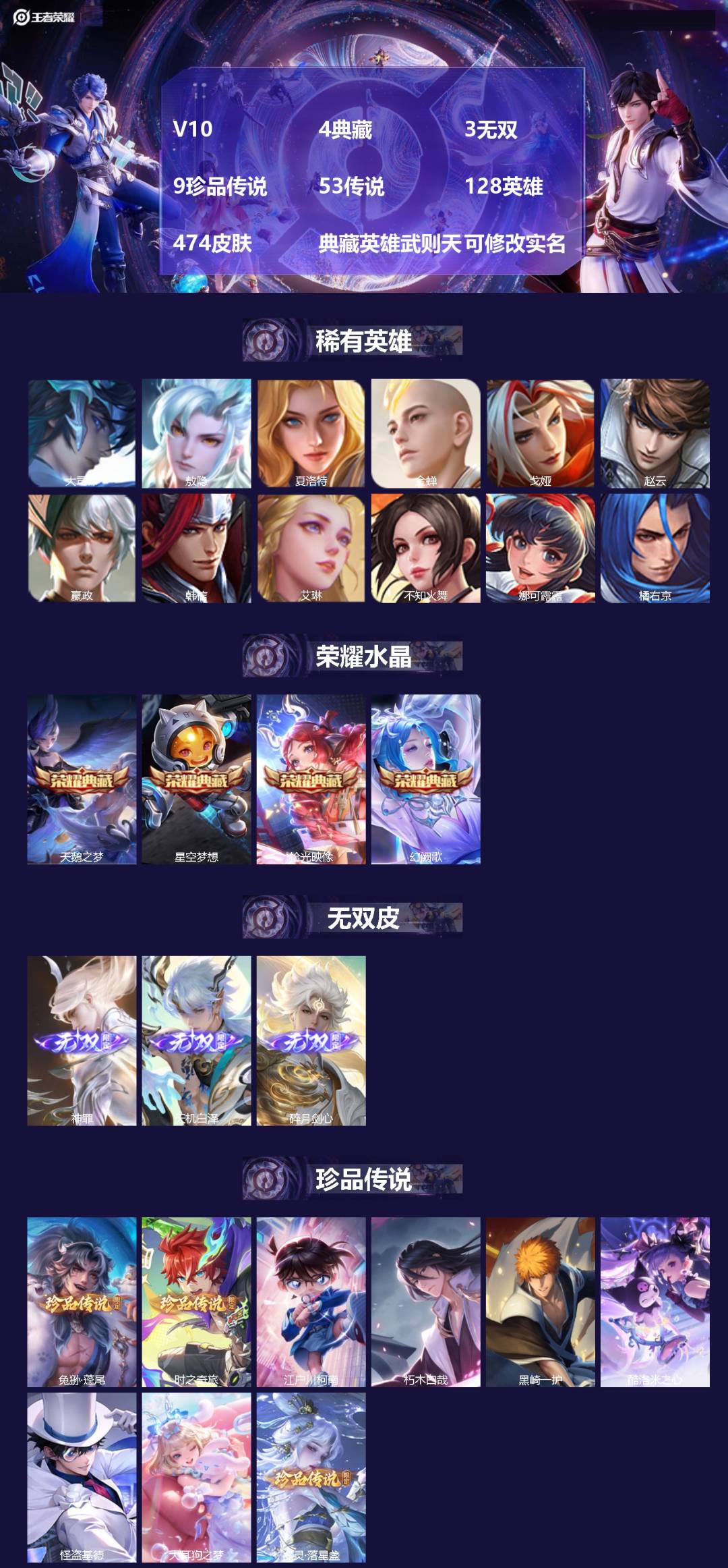 王者荣耀账号苹果QQV10 4典藏 3无双 9珍品传说 53传说 128英雄 474皮肤 典藏英雄武则天 可修改实名 
