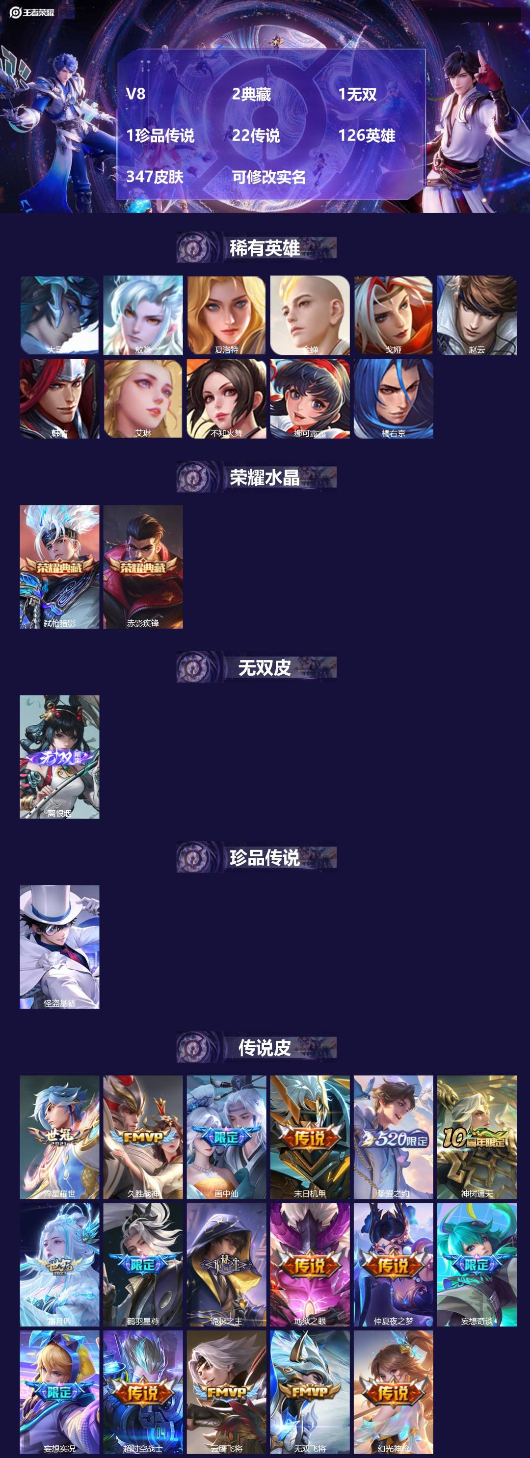 王者荣耀账号苹果QQ126英雄-347皮肤-V8 2典藏 1无双 1珍品传说 22传说 126英雄 347皮肤 可修改实