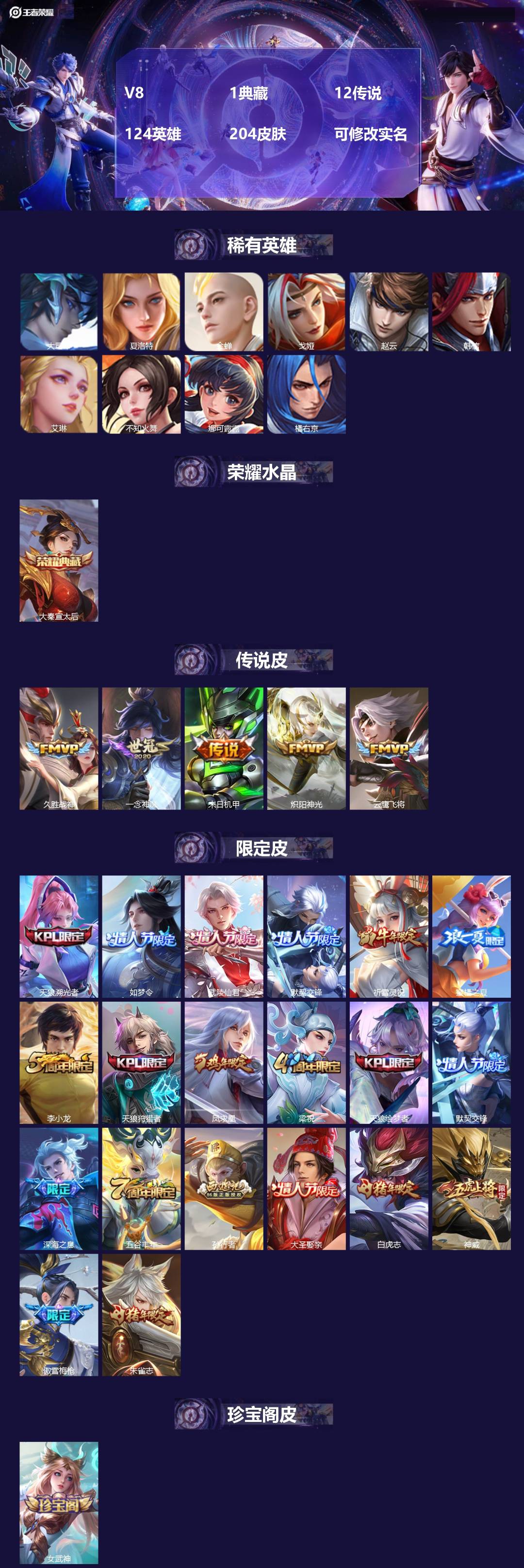 王者荣耀账号安卓QQ124英雄-204皮肤-V8 1典藏 12传说 124英雄 204皮肤 可修改实名
【稀有英雄】:大