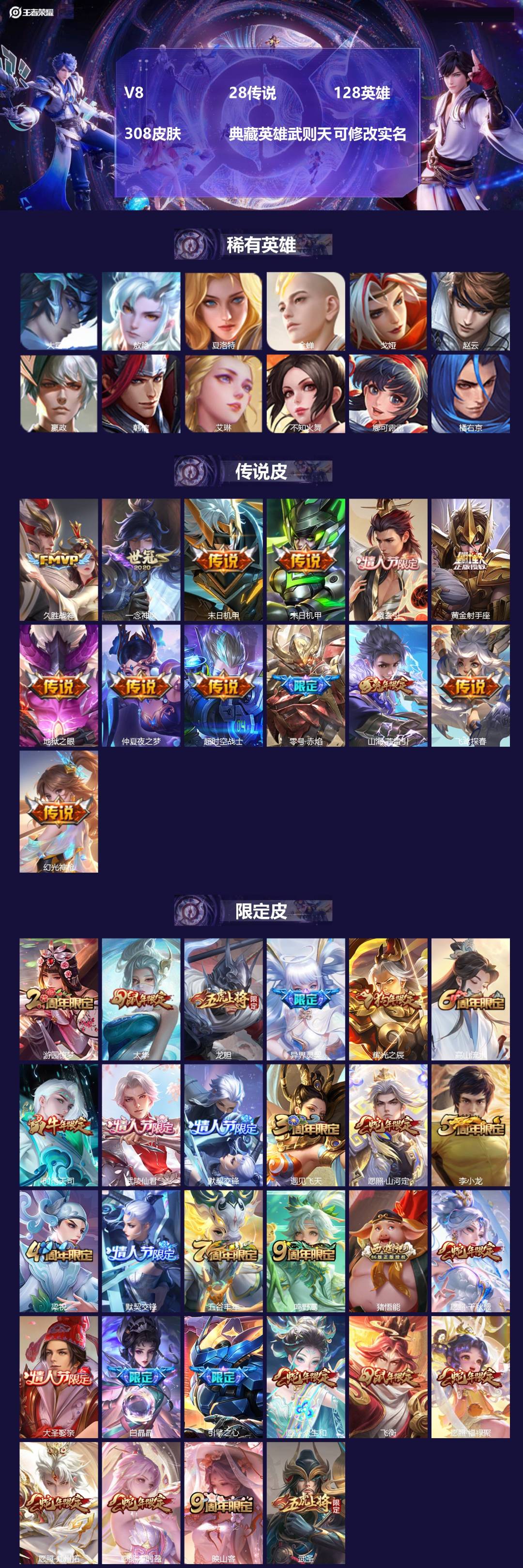 王者荣耀账号安卓QQ128英雄-308皮肤-V8 28传说 128英雄 308皮肤 典藏英雄武则天 可修改实名 
【英雄