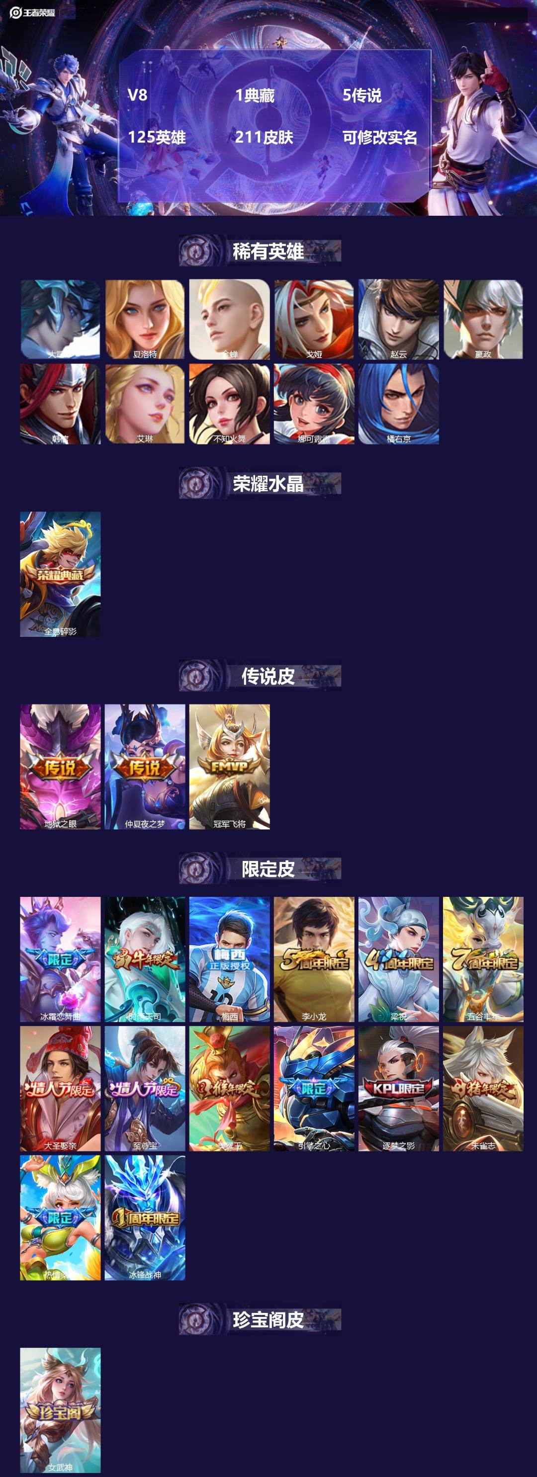 王者荣耀账号安卓QQV8 1典藏 5传说 125英雄 211皮肤 可修改实名 
【稀有英雄】:大司命,嬴政(始皇帝),韩