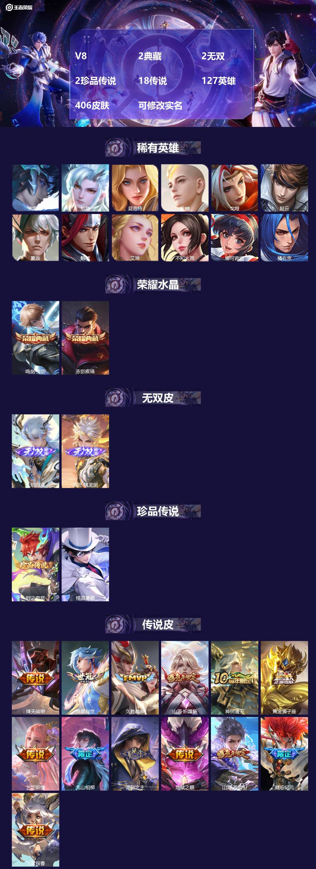 王者荣耀账号安卓QQV8 2典藏 2无双 2珍品传说 18传说 127英雄 406皮肤 可修改实名 
【英雄全皮】:刘禅