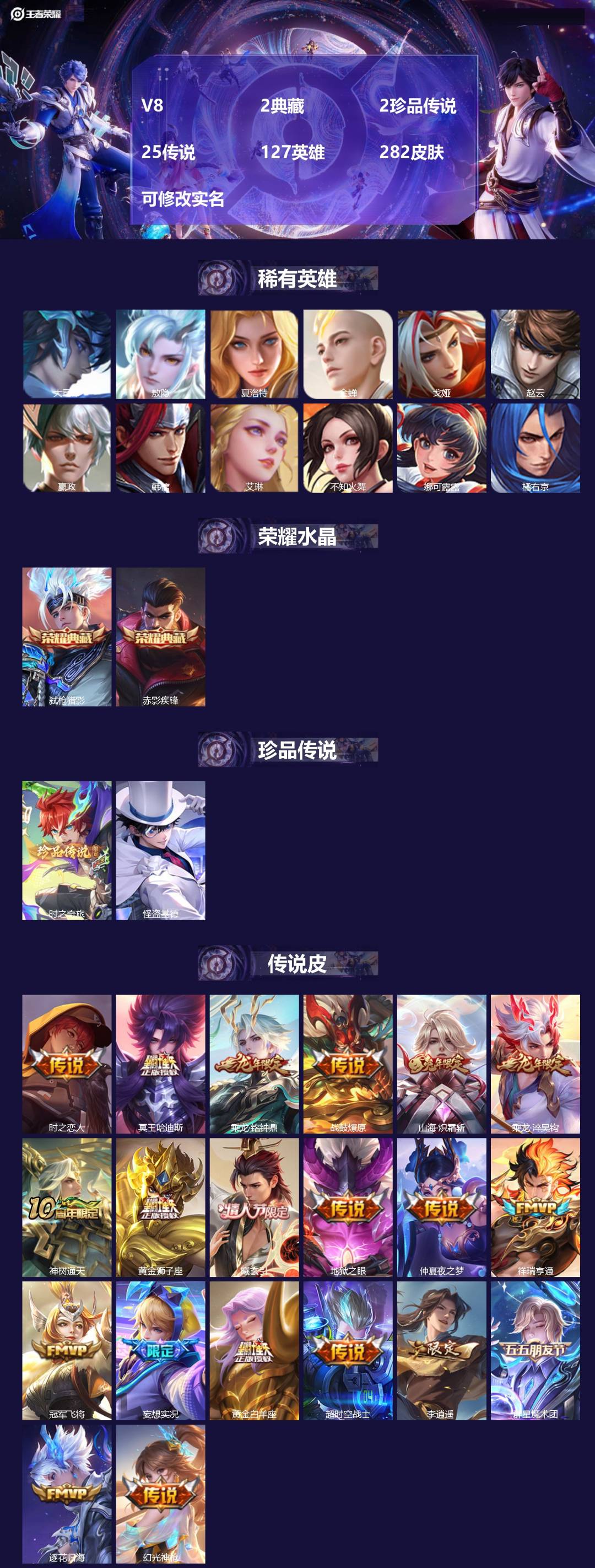 王者荣耀账号安卓QQV8 2典藏 2珍品传说 25传说 127英雄 282皮肤 可修改实名 
【英雄全皮】:阿古朵全皮,