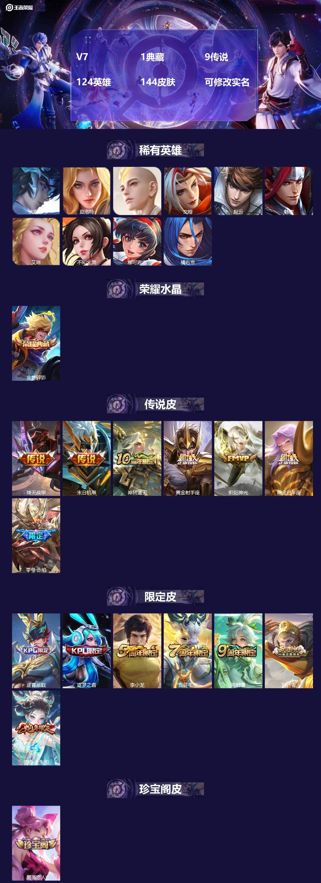 王者荣耀账号苹果QQ124英雄-144皮肤-[]V7 1典藏 9传说 124英雄 144皮肤 可修改实名 
【英雄全皮】