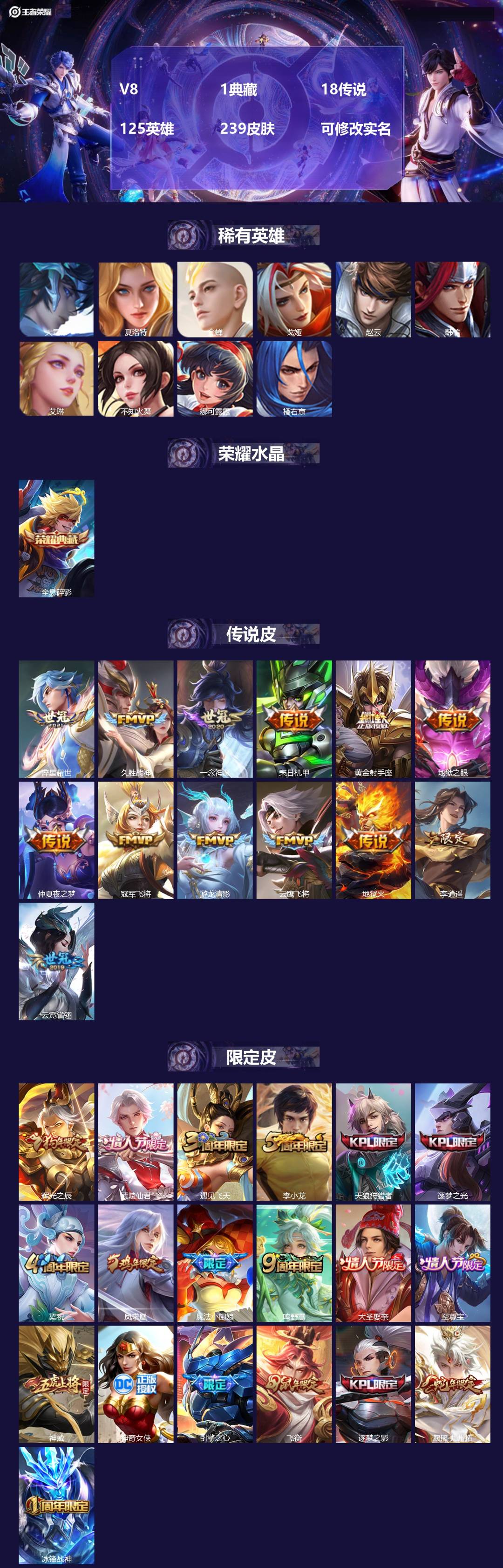 王者荣耀账号安卓QQ[14552640]V8 1典藏 18传说 125英雄 239皮肤 可修改实名 
【英雄全皮】:影全