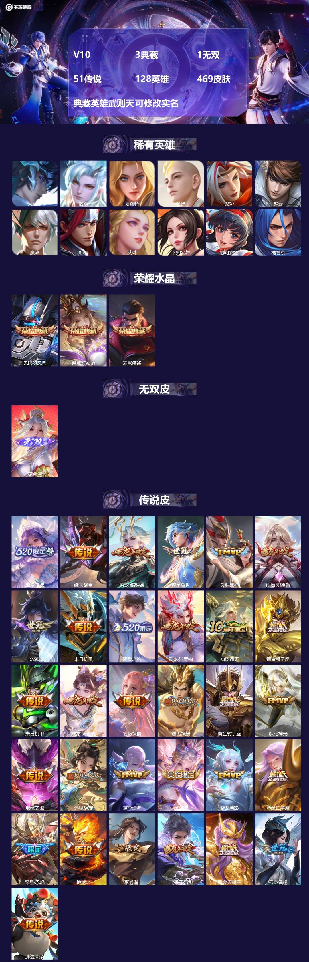 王者荣耀账号安卓QQV10 3典藏 1无双 51传说 128英雄 469皮肤 典藏英雄武则天 可修改实名 
【英雄全皮】