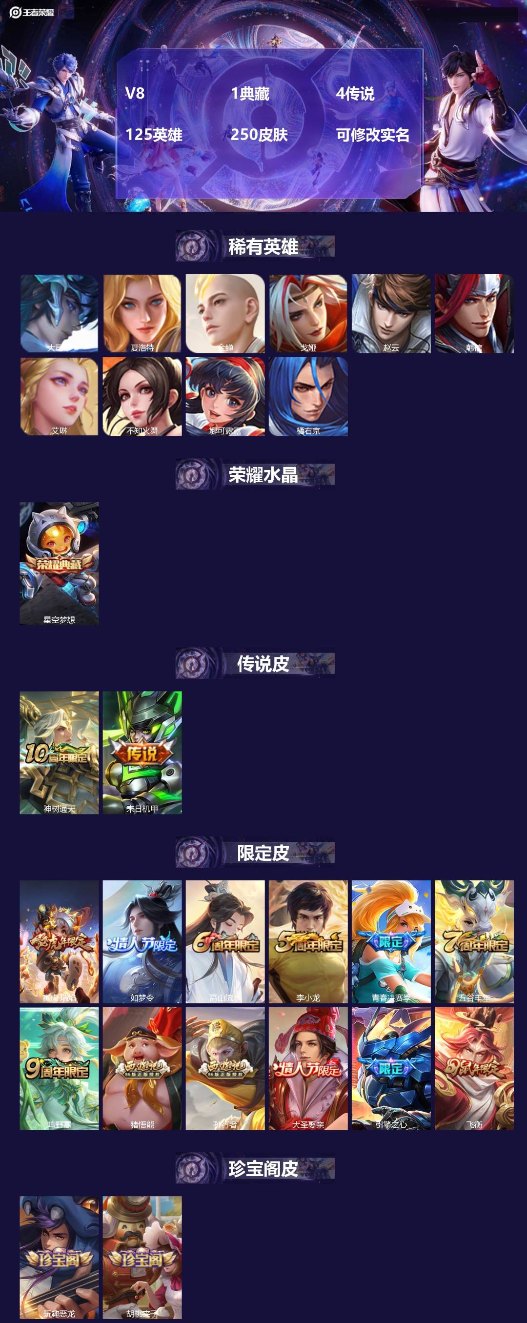 王者荣耀账号苹果QQ125英雄-250皮肤-V8 1典藏 4传说 125英雄 250皮肤 可修改实名 
【稀有英雄】:大