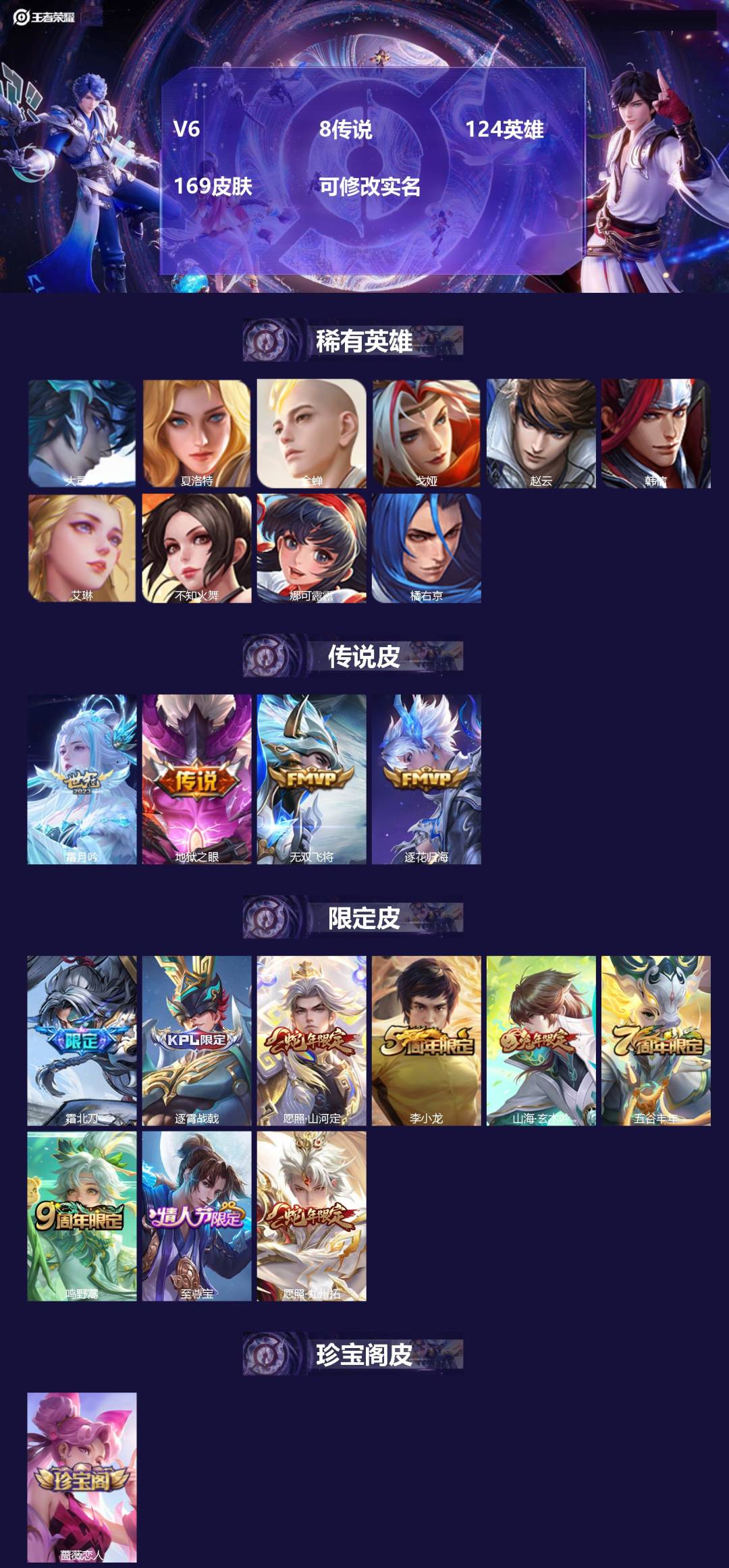 王者荣耀账号安卓QQV6 8传说 124英雄 169皮肤 可修改实名 
【英雄全皮】:司空震全皮
【稀有英雄】:大司命,