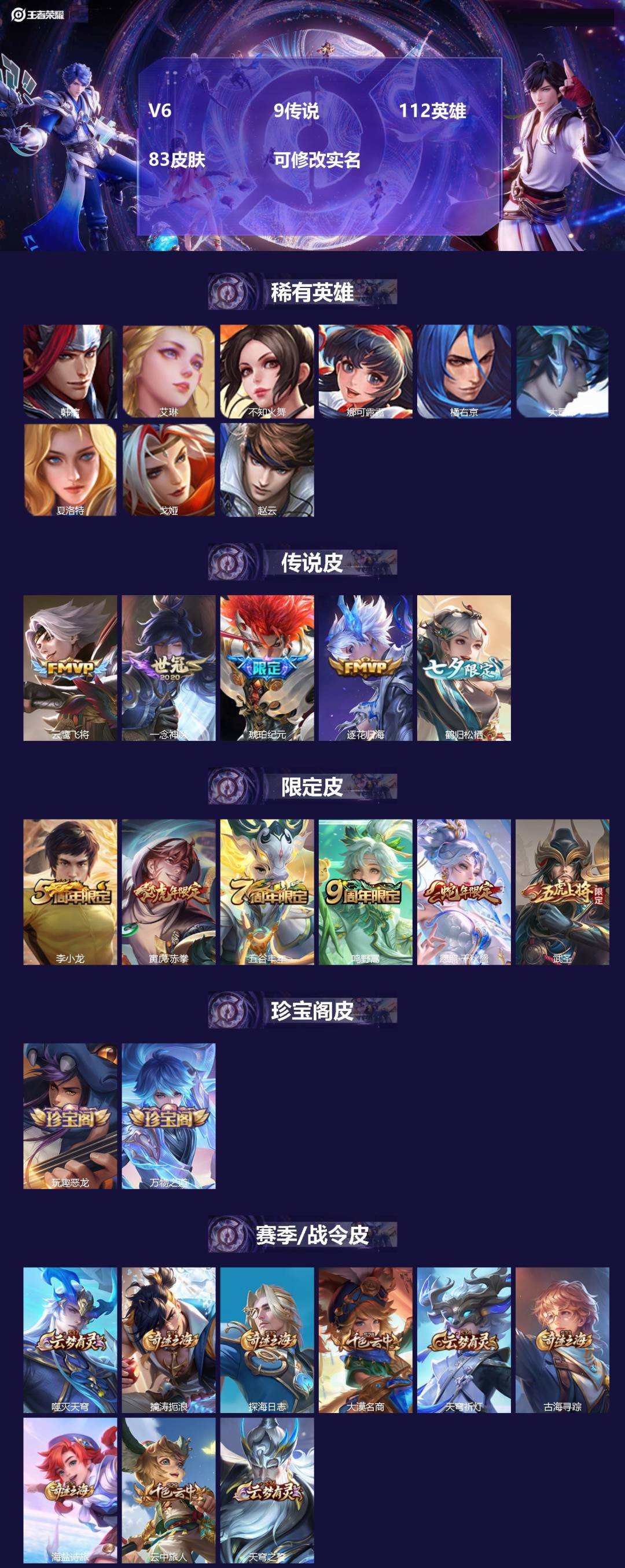 王者荣耀账号安卓QQV6 9传说 112英雄 83皮肤 可修改实名 
【稀有英雄】:大司命,韩信(韩跳跳),夏洛特(夏师