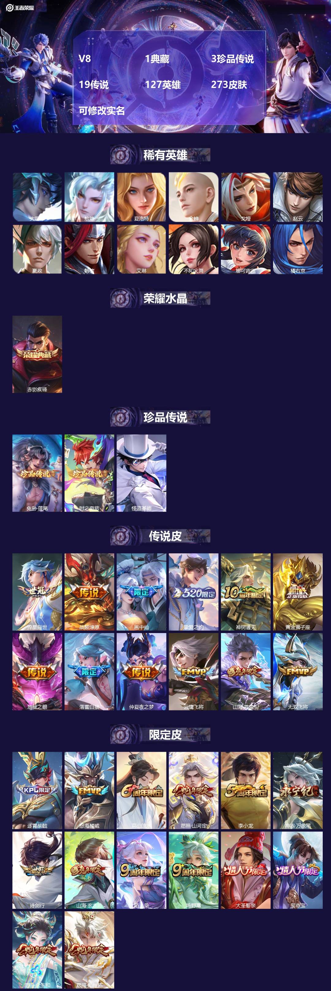 王者荣耀账号安卓QQ127英雄-273皮肤-V8 1典藏 3珍品传说 19传说 127英雄 273皮肤 可修改实名 
【