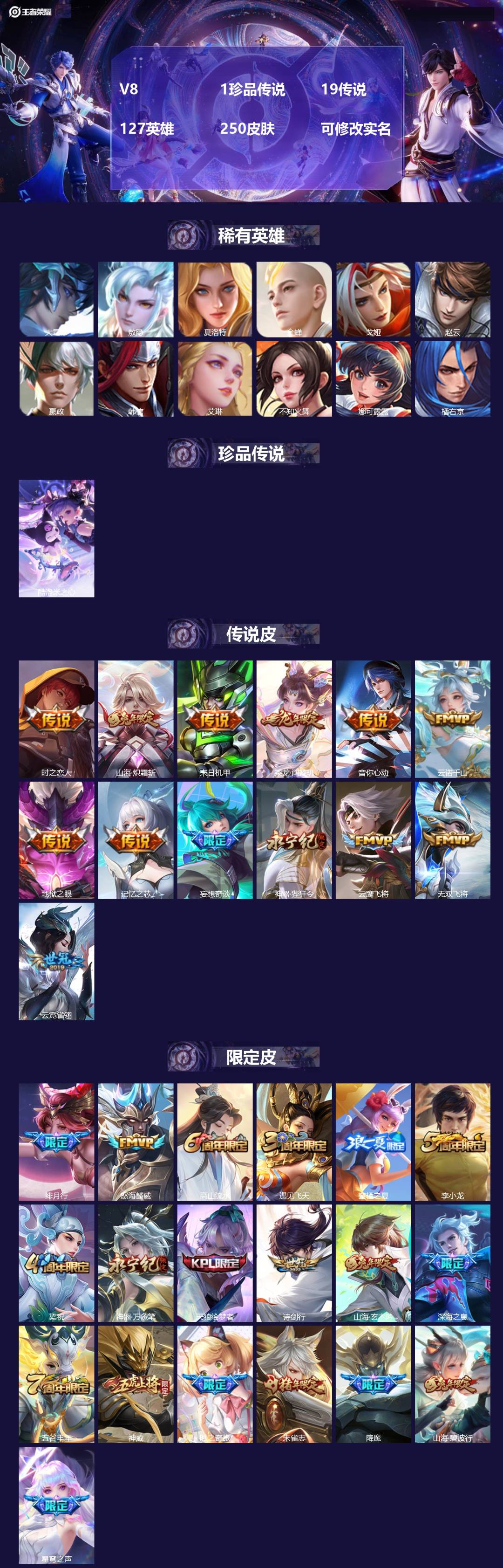 王者荣耀账号安卓QQV8 1珍品传说 19传说 127英雄 250皮肤 可修改实名 
【英雄全皮】:鬼谷子全皮,影全皮,