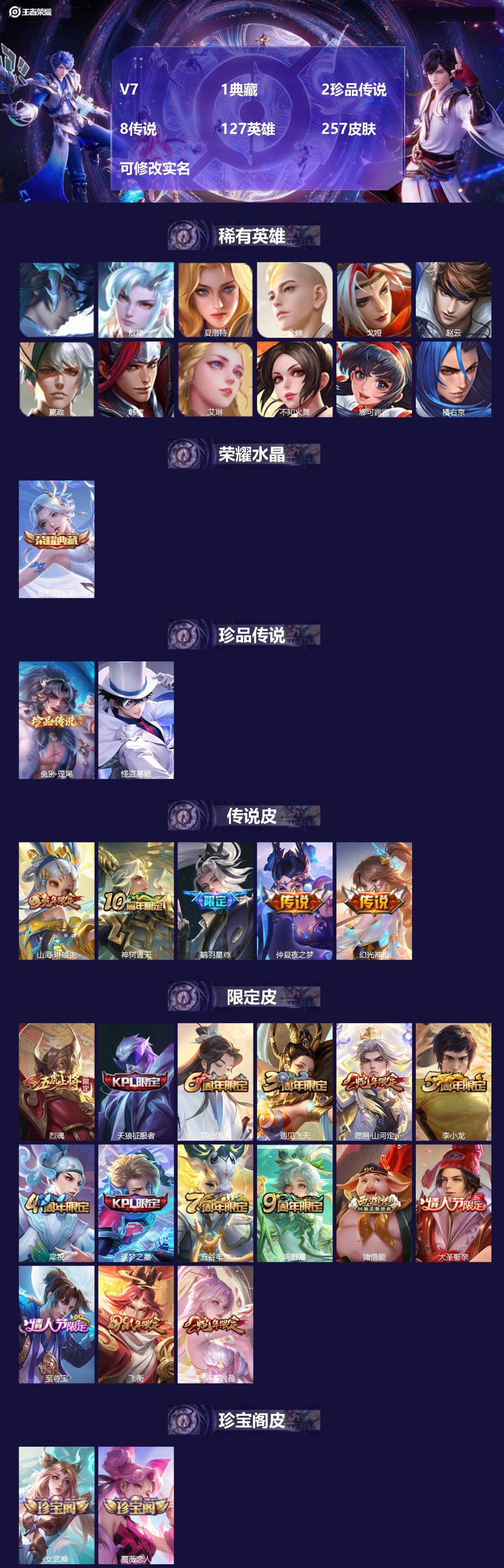 王者荣耀账号苹果QQ127英雄-257皮肤-V7 1典藏 2珍品传说 8传说 127英雄 257皮肤 可修改实名 
【英