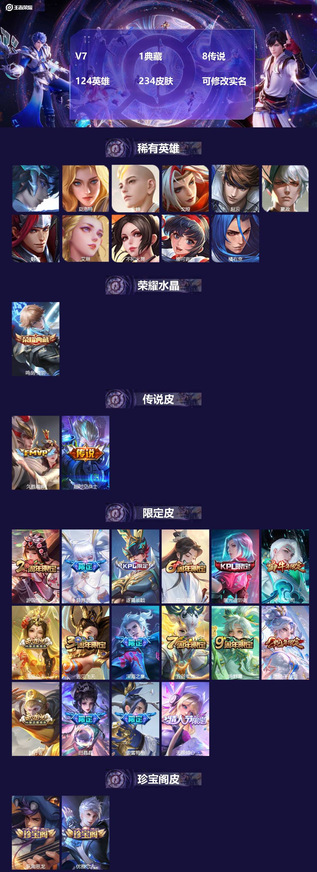 王者荣耀账号苹果QQ124英雄-234皮肤-[]V7 1典藏 8传说 124英雄 234皮肤 可修改实名 
【英雄全皮】