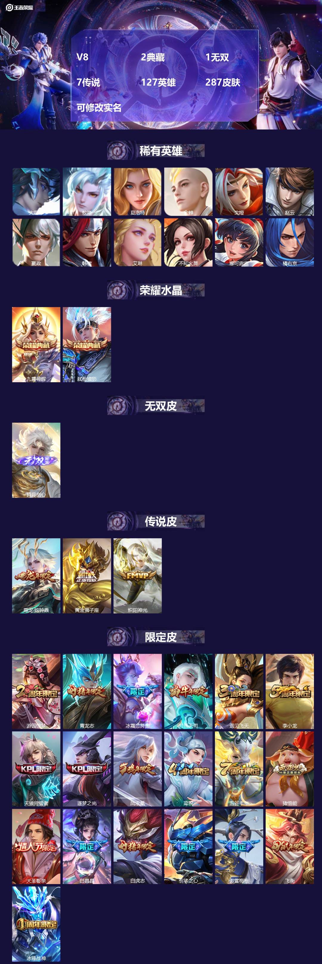 王者荣耀账号苹果QQ[14555375]V8 2典藏 1无双 7传说 127英雄 287皮肤 可修改实名 
【英雄全皮】