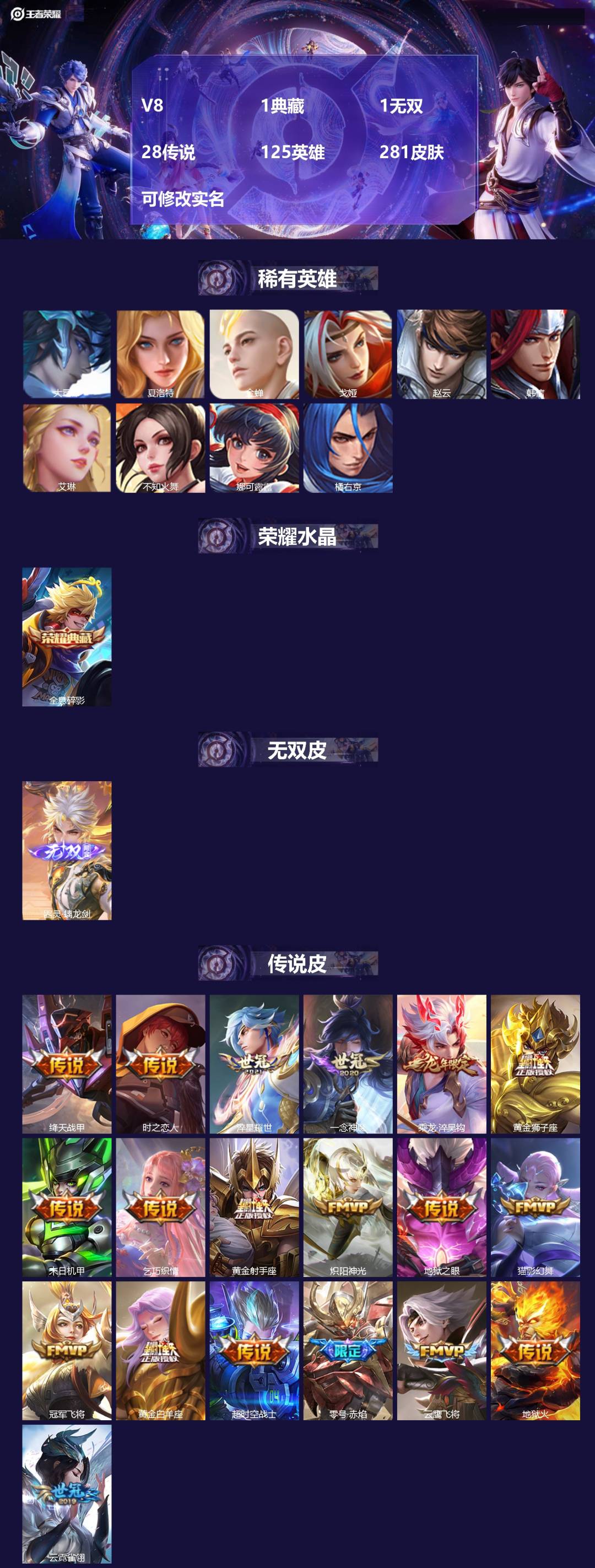 王者荣耀账号苹果QQ125英雄-281皮肤-V8 1典藏 1无双 28传说 125英雄 281皮肤 可修改实名 
【英雄