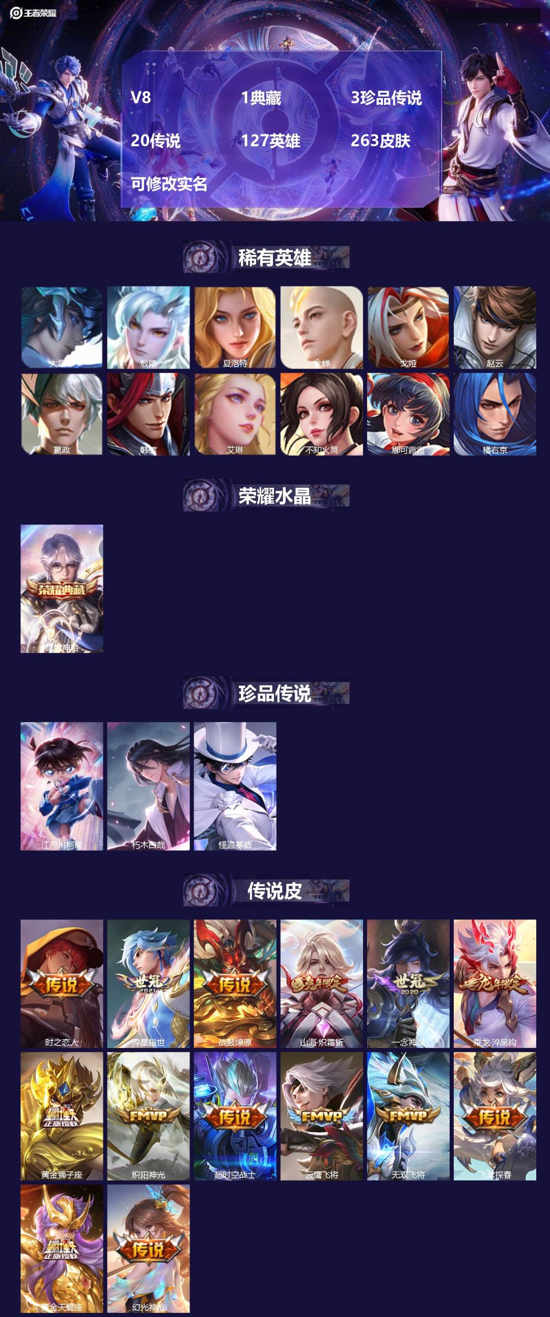 王者荣耀账号安卓QQ127英雄-263皮肤-V8 1典藏 3珍品传说 20传说 127英雄 263皮肤 可修改实名 
【