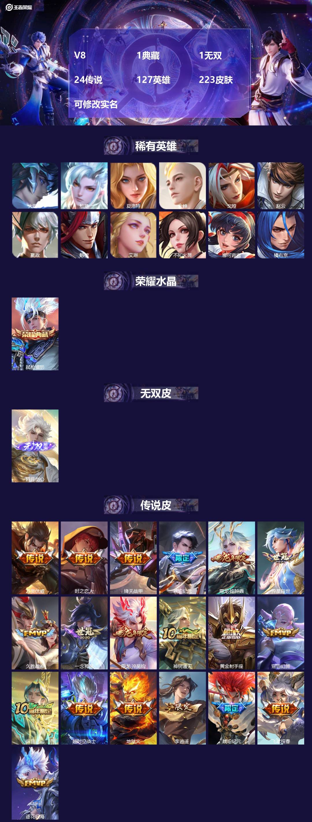 王者荣耀账号安卓QQ127英雄-223皮肤-V8 1典藏 1无双 24传说 127英雄 223皮肤 可修改实名 
【英雄