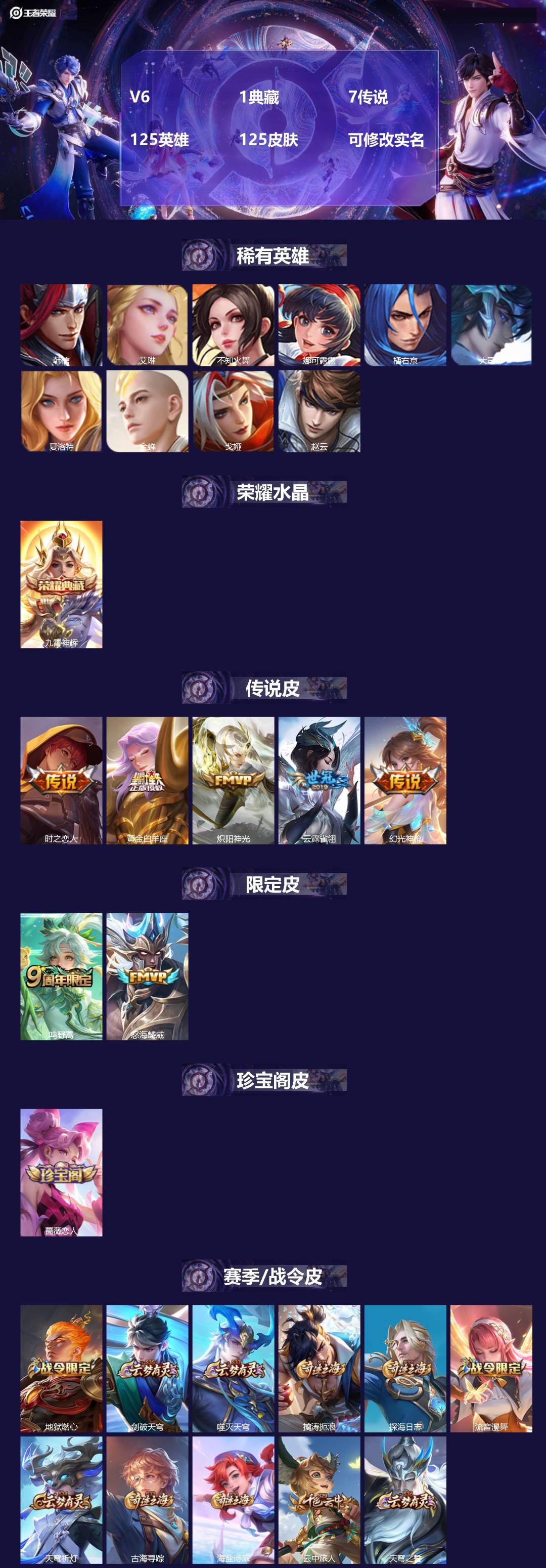 王者荣耀账号安卓QQ125英雄-125皮肤-V6 1典藏 7传说 125英雄 125皮肤 可修改实名 
【稀有英雄】:大