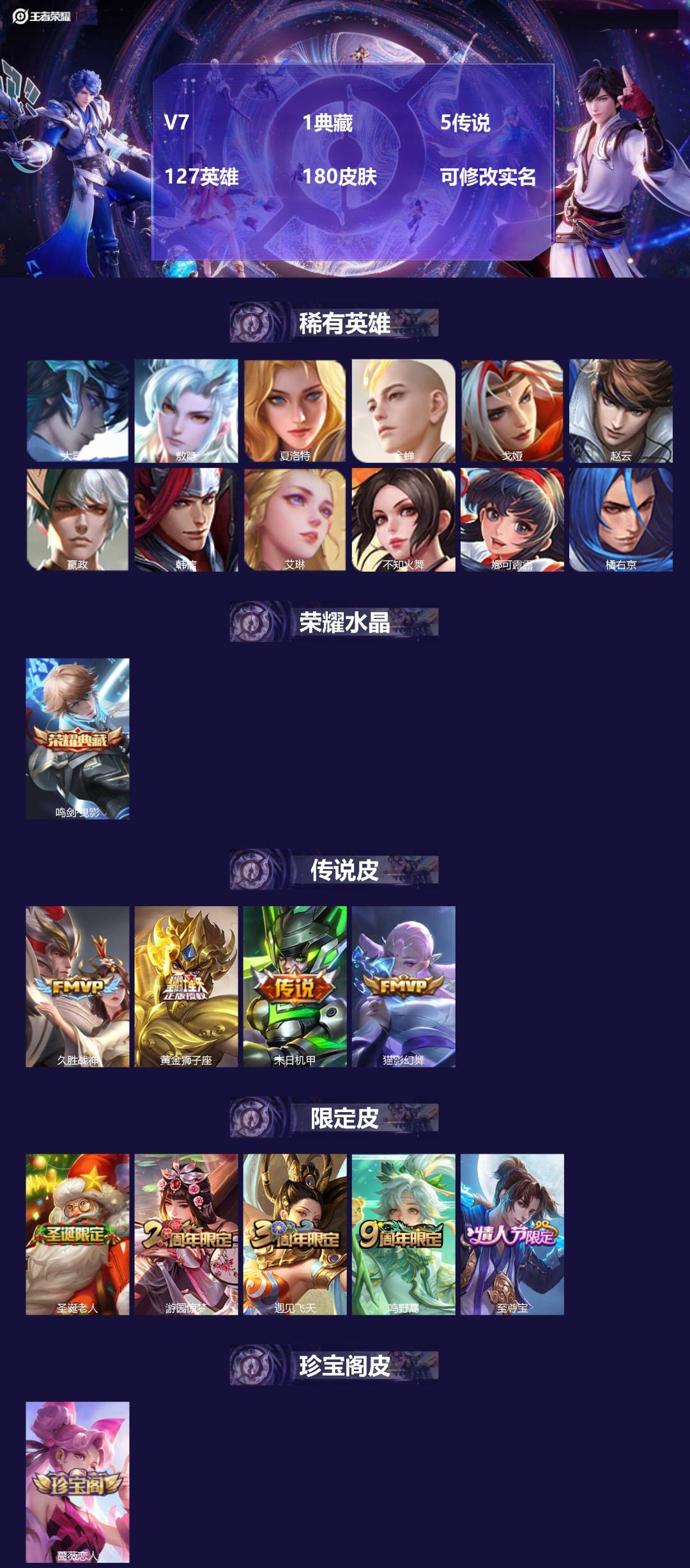 王者荣耀账号安卓QQ127英雄-180皮肤-V7 1典藏 5传说 127英雄 180皮肤 可修改实名 
【稀有英雄】:敖