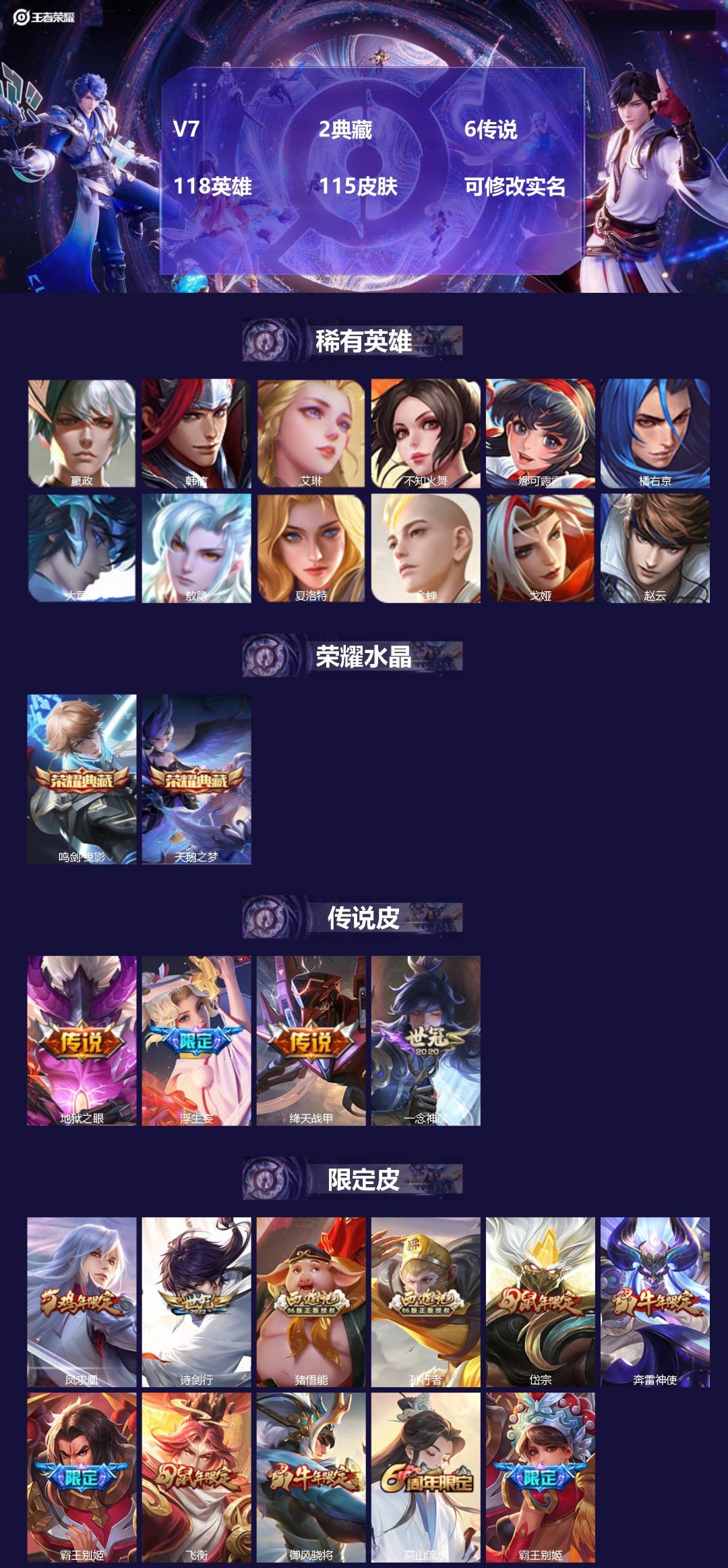 王者荣耀账号安卓QQ118英雄-115皮肤-V7 2典藏 6传说 118英雄 115皮肤 可修改实名 
【英雄全皮】:敖