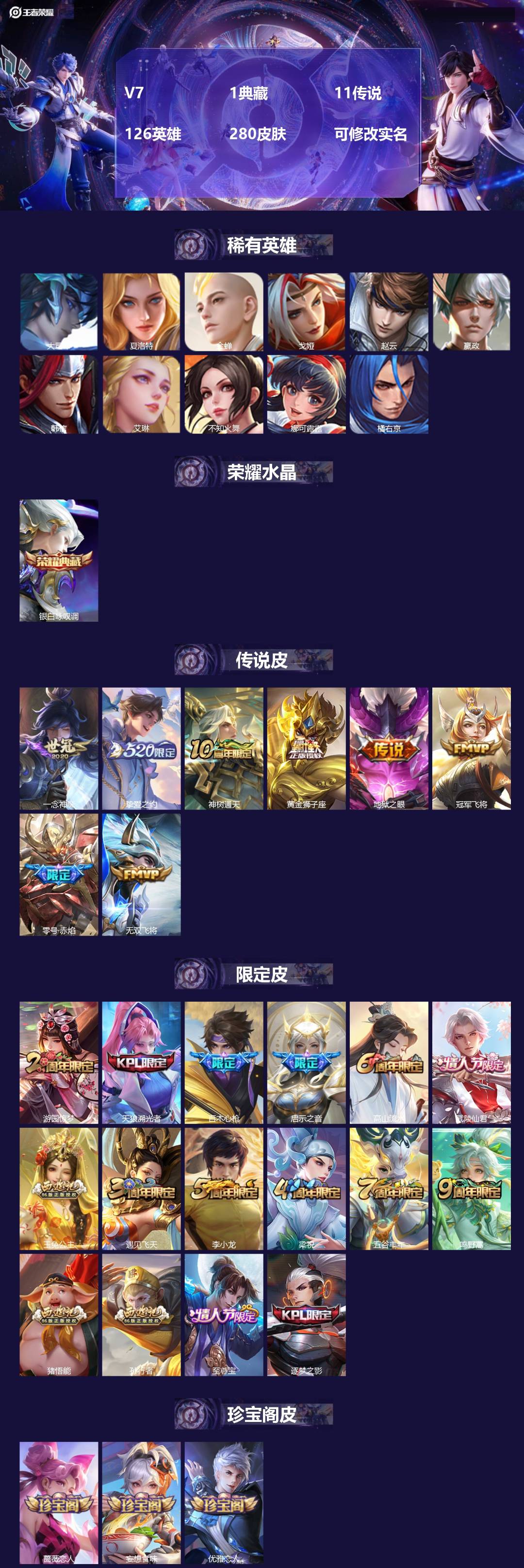 王者荣耀账号安卓QQV7 1典藏 11传说 126英雄 280皮肤 可修改实名
【英雄全皮】:鬼谷子全皮,影全皮
【稀有