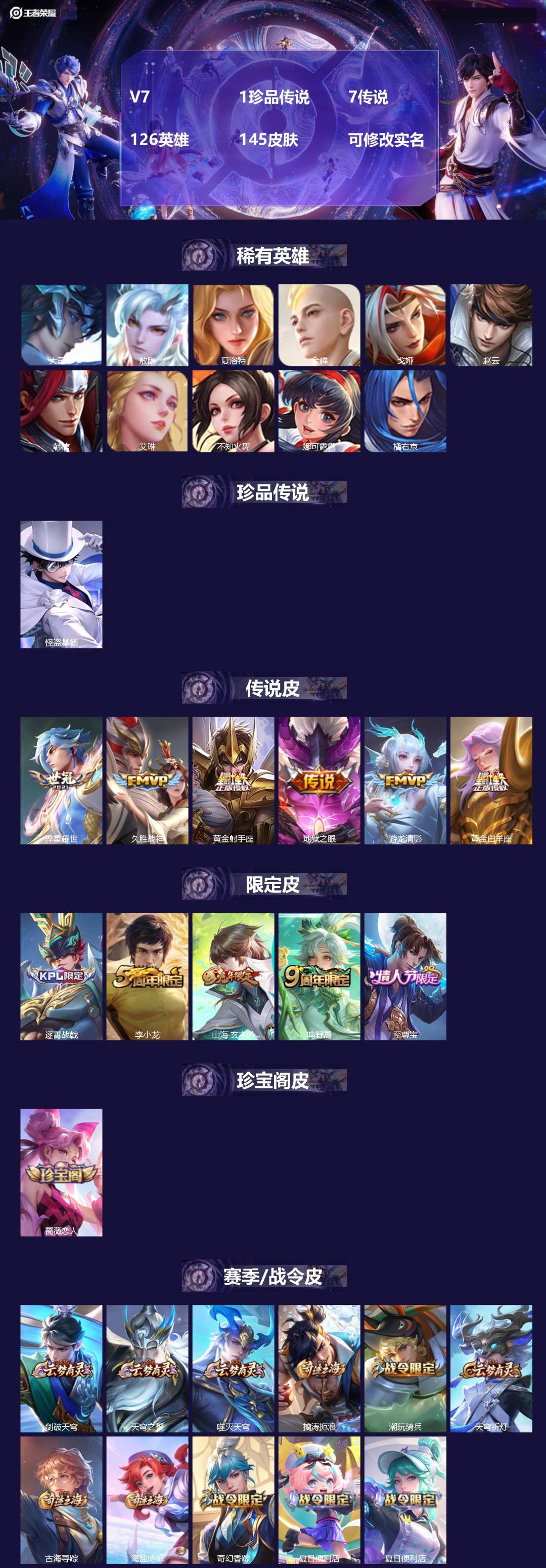 王者荣耀账号苹果QQV7 1珍品传说 7传说 126英雄 145皮肤 可修改实名 
【英雄全皮】:敖隐全皮,孙权全皮
【