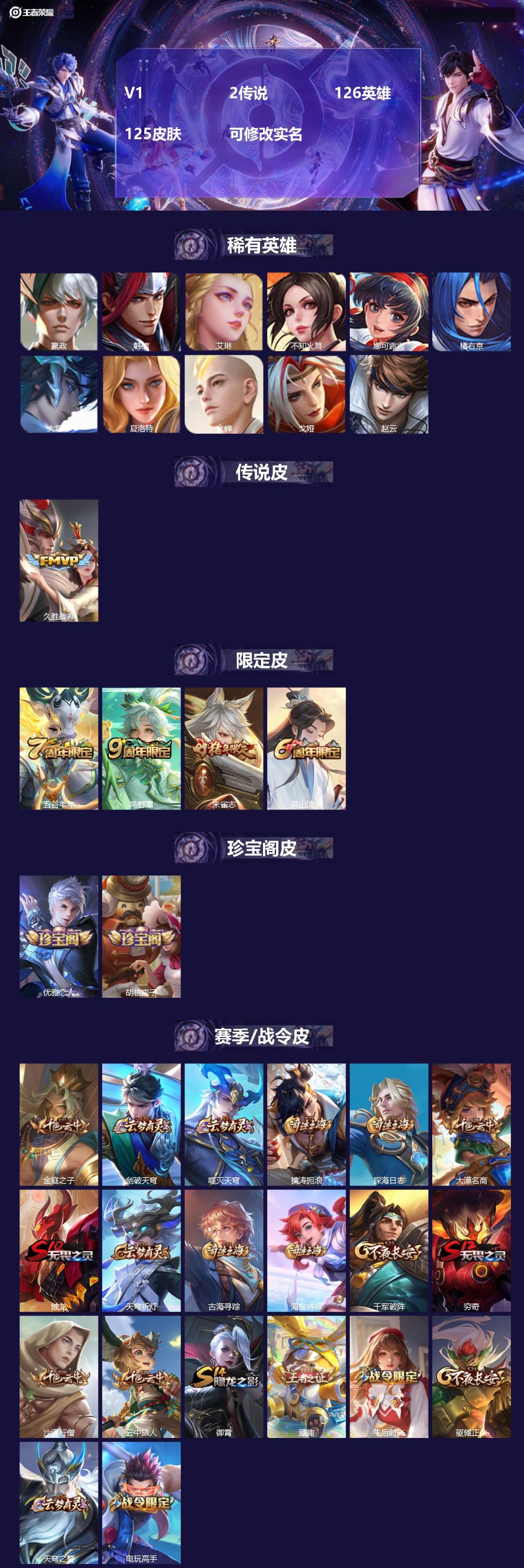 王者荣耀账号苹果VXV1 2传说 126英雄 125皮肤 可修改实名 
【稀有英雄】:大司命,嬴政(始皇帝),韩信(韩跳