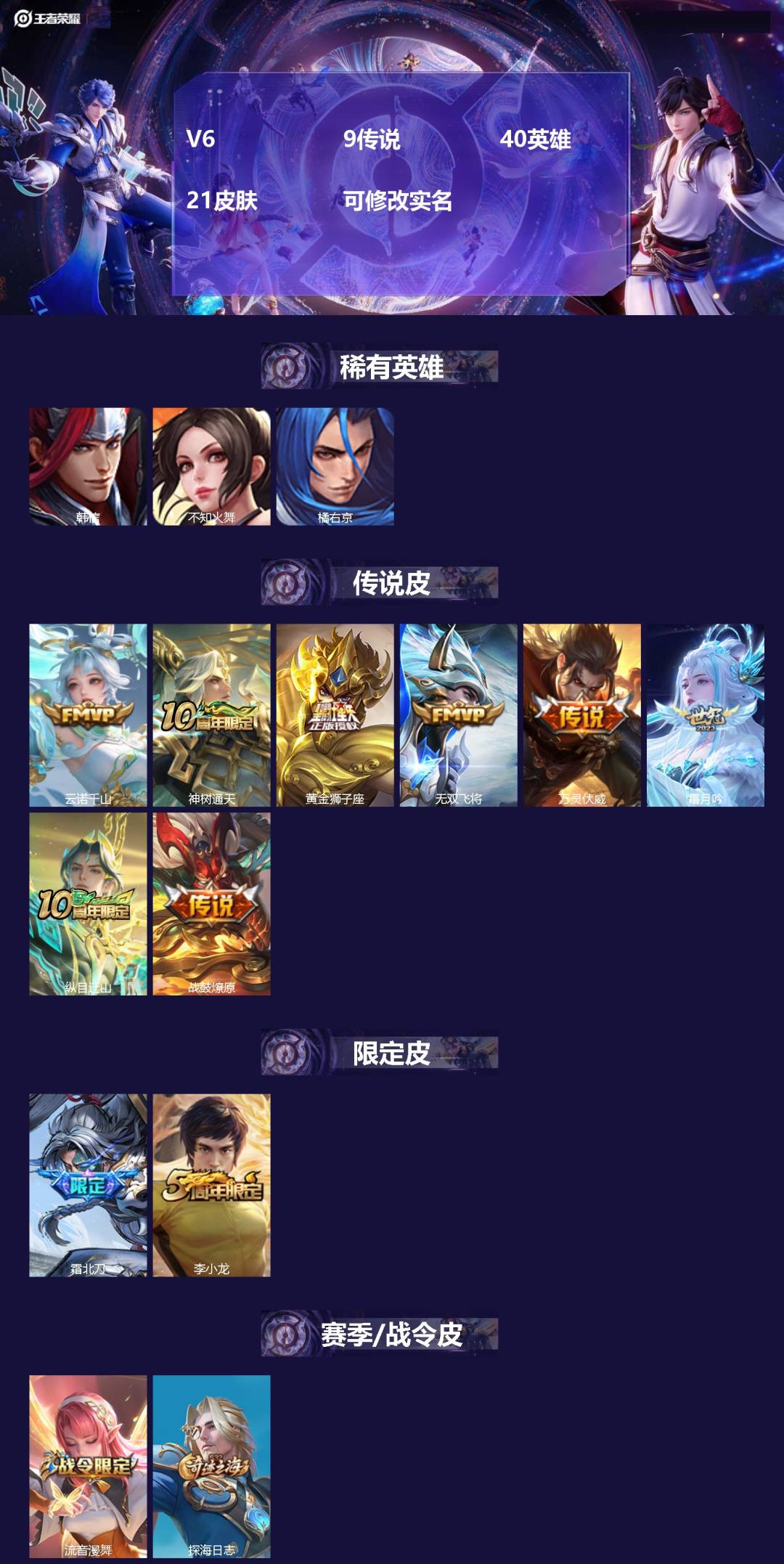 王者荣耀账号苹果VX40英雄-21皮肤-[]V6 9传说 40英雄 21皮肤 可修改实名 
【稀有英雄】:韩信(韩跳跳)